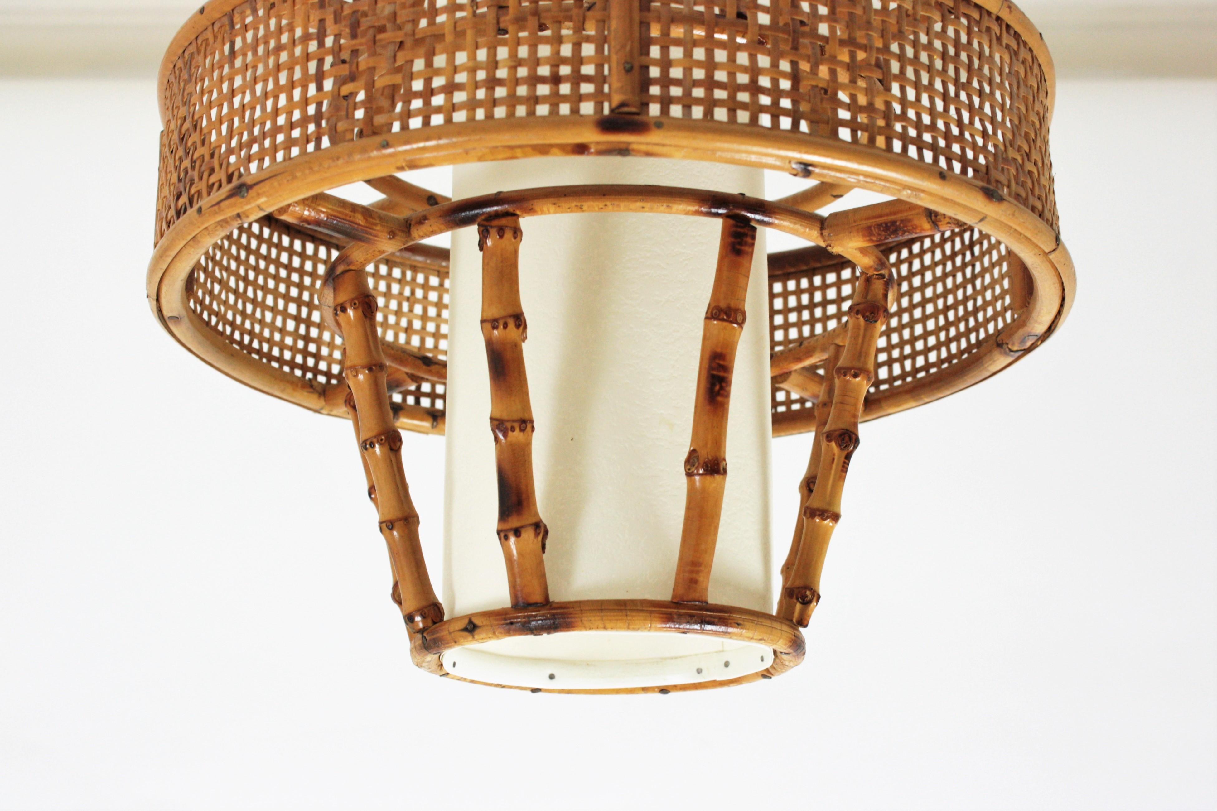 Rattan Bamboo Wicker Wire Pendant Light or Lantern, Spain, 1950s 5