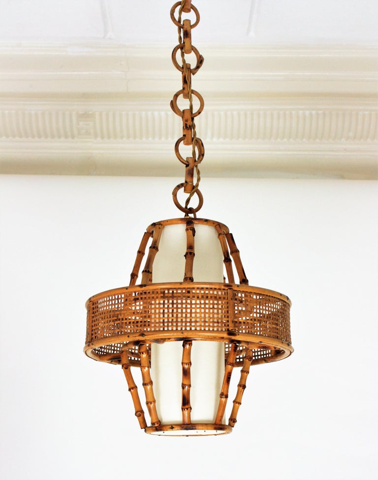 Rattan Bamboo Wicker Wire Pendant Light or Lantern, Spain, 1950s at 1stDibs  | pendant in spanish, tiki pendant light, tiki chandelier