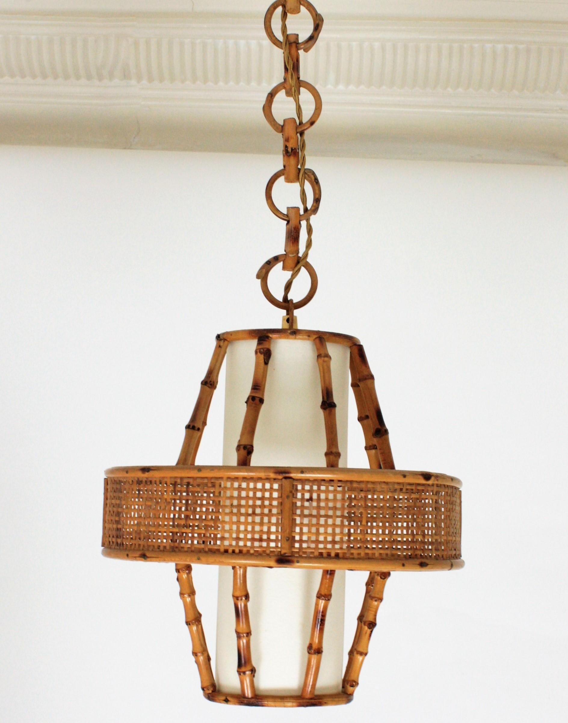 Spanish Rattan Bamboo Wicker Wire Pendant Light or Lantern, Spain, 1950s