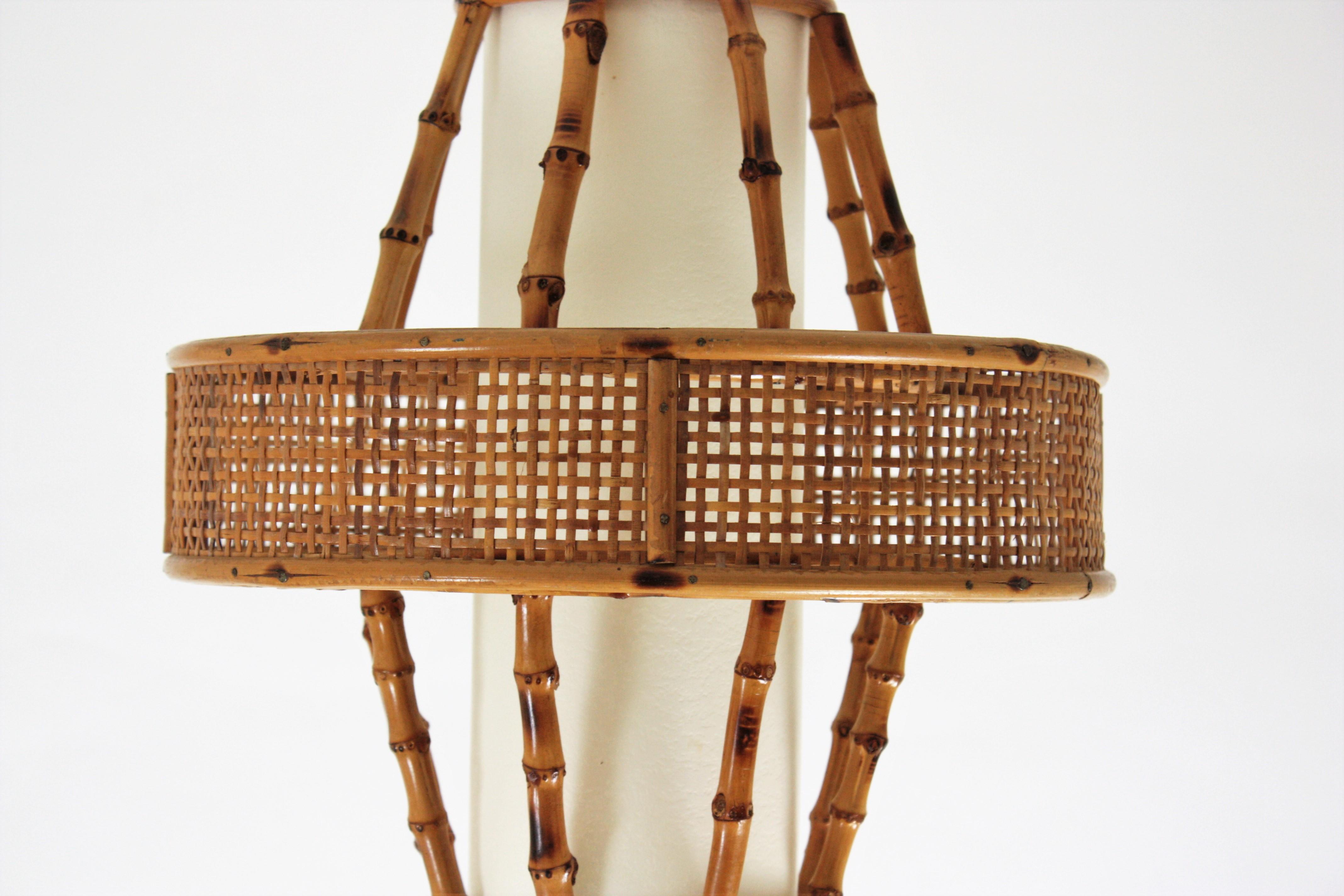 Hand-Crafted Rattan Bamboo Wicker Wire Pendant Light or Lantern, Spain, 1950s