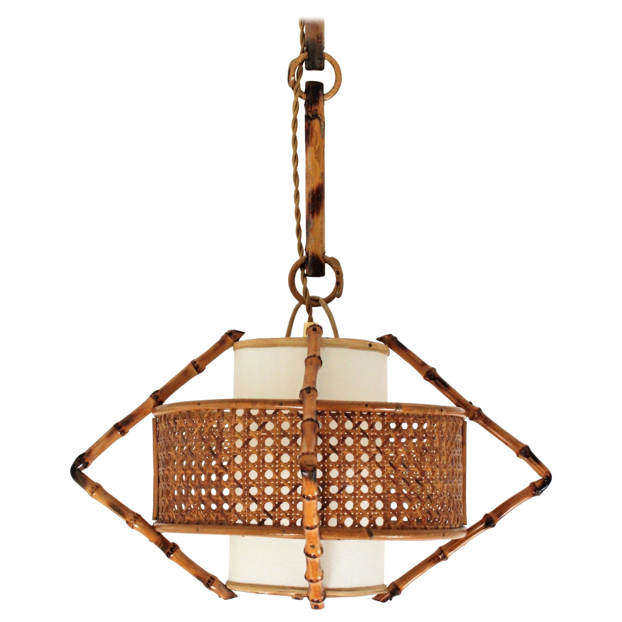 Spanish Modernist Bamboo Rattan and Wicker Pendant Lamp with Tiki Accents, 1950s