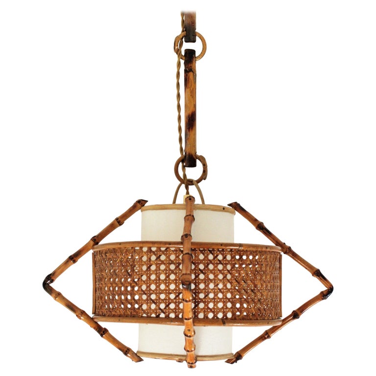Spanish Modernist Bamboo Rattan and Wicker Pendant Lamp with Tiki Accents,  1950s at 1stDibs | tiki pendant light