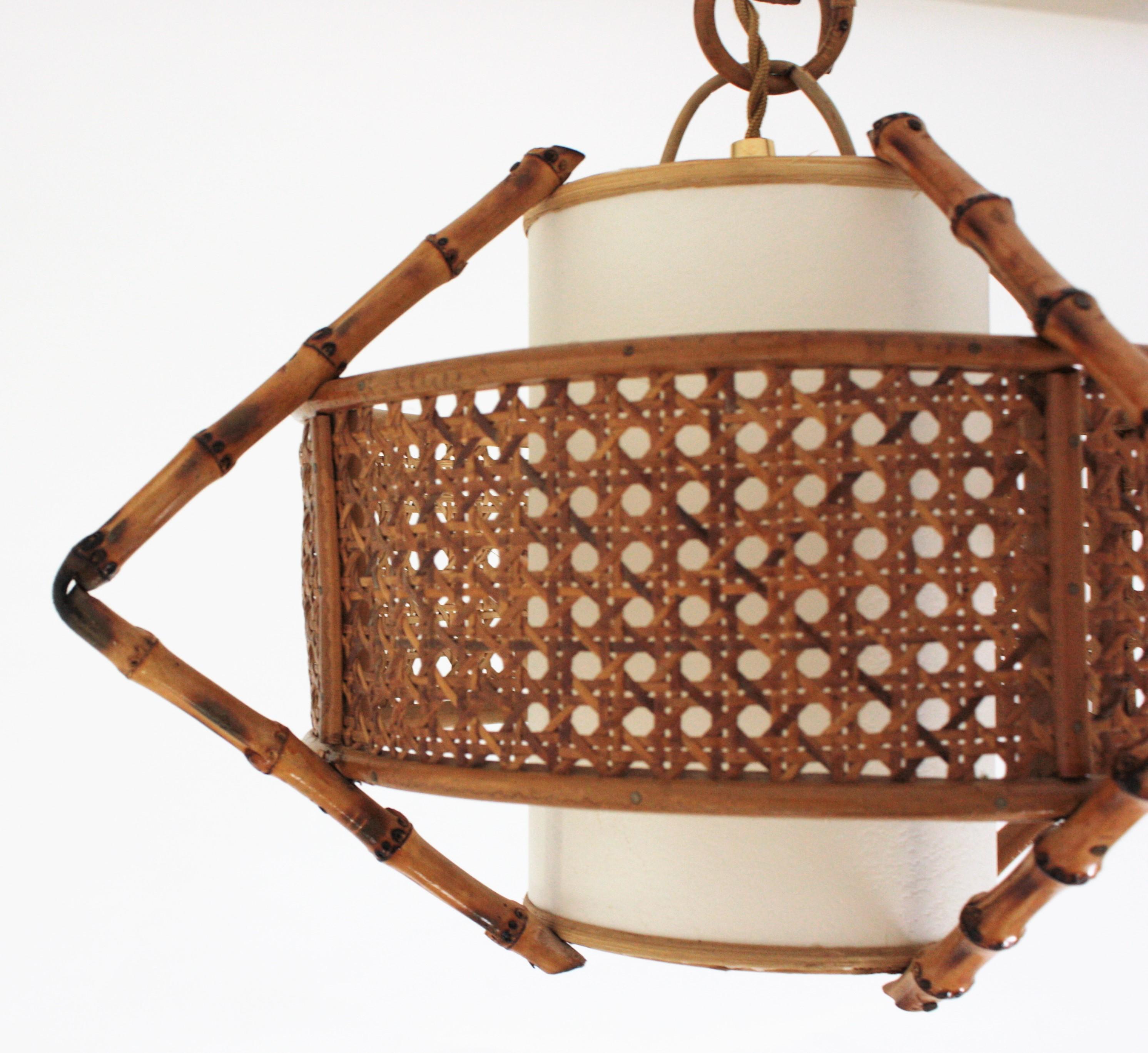 Spanish Modernist Bamboo Rattan and Wicker Pendant Lamp with Tiki Accents, 1950s 3