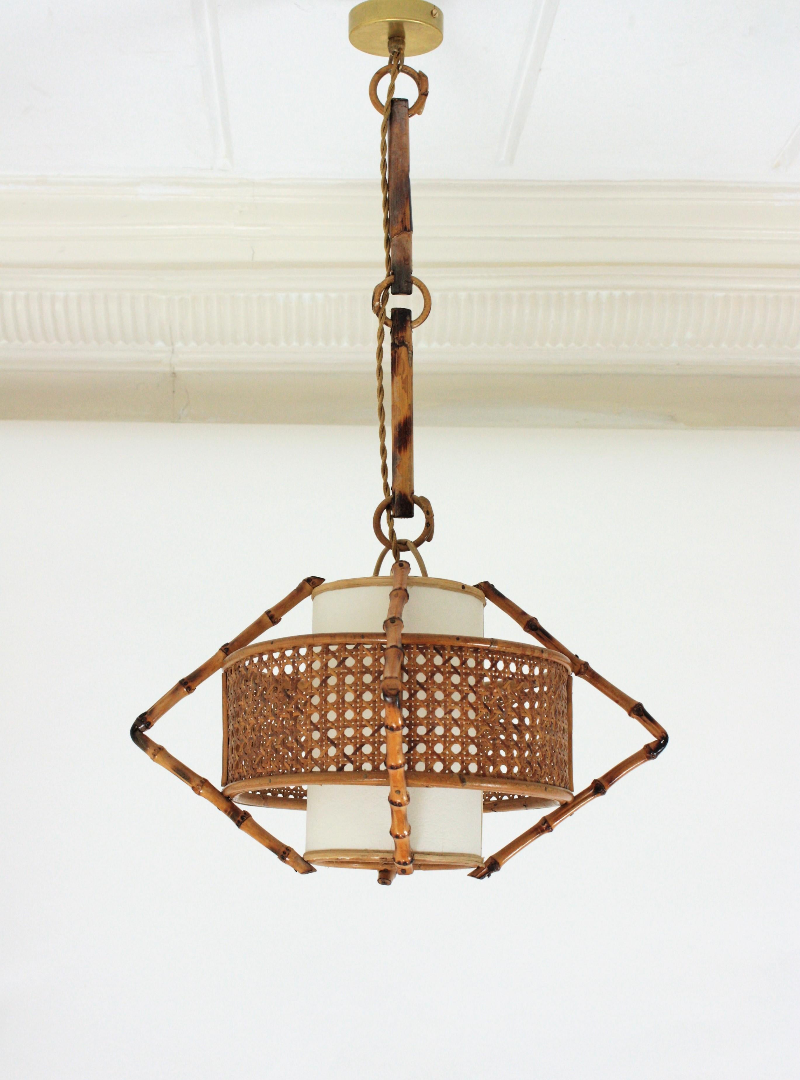 Spanish Modernist Bamboo Rattan and Wicker Pendant Lamp with Tiki Accents, 1950s 4