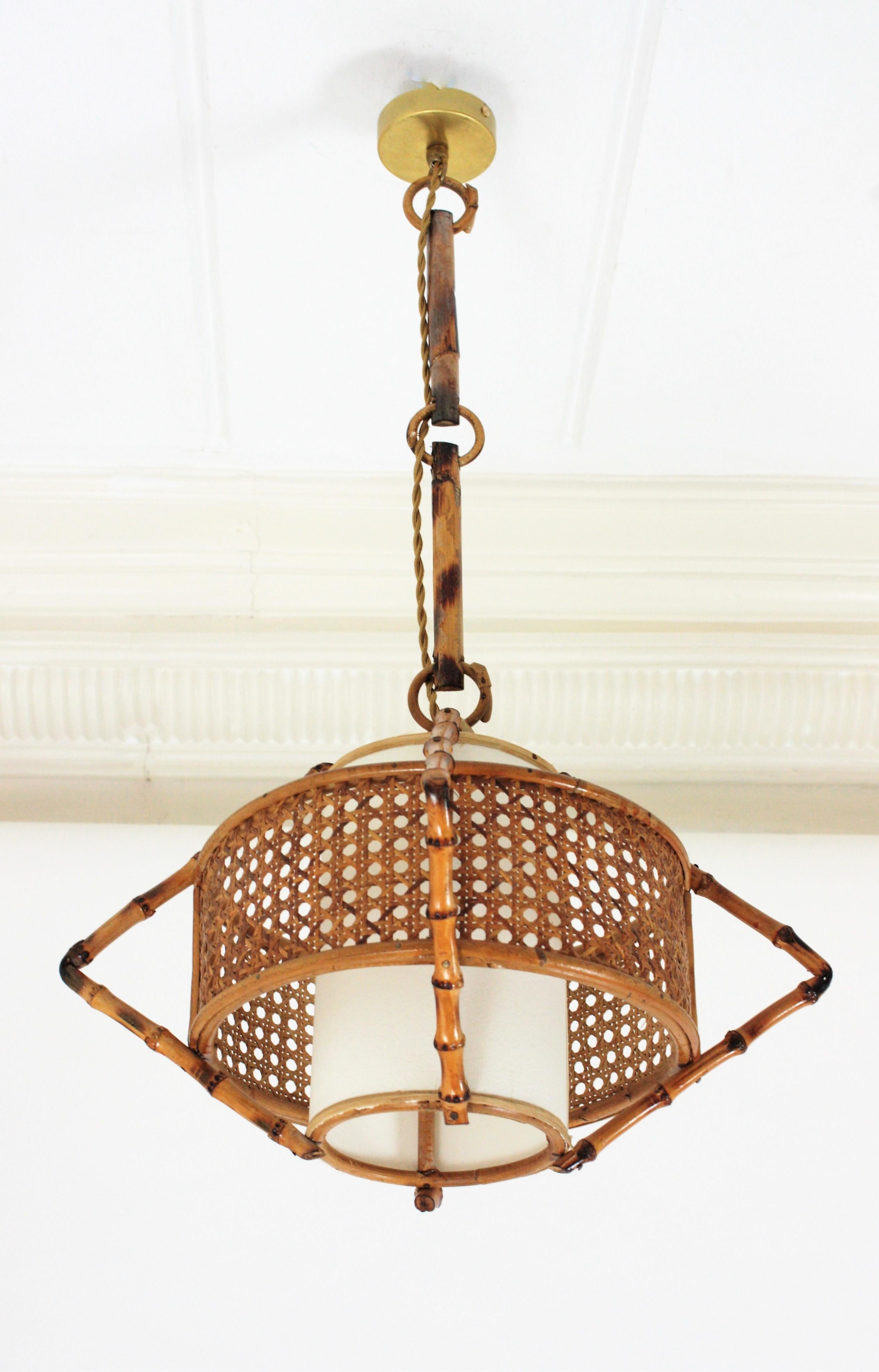 Spanish Modernist Bamboo Rattan and Wicker Pendant Lamp with Tiki Accents, 1950s 5