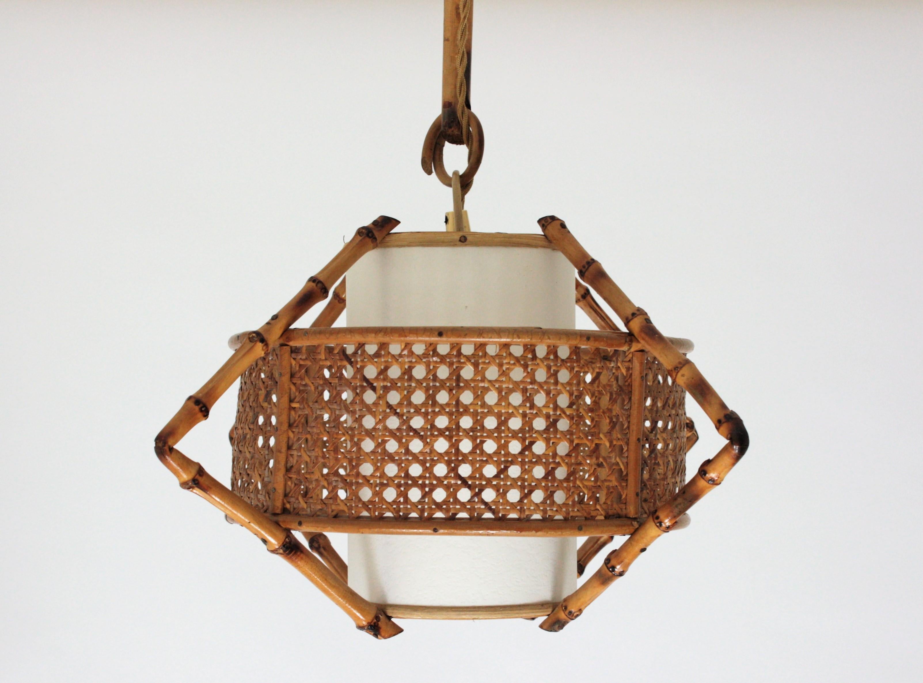 Spanish Modernist Bamboo Rattan and Wicker Pendant Lamp with Tiki Accents, 1950s 6