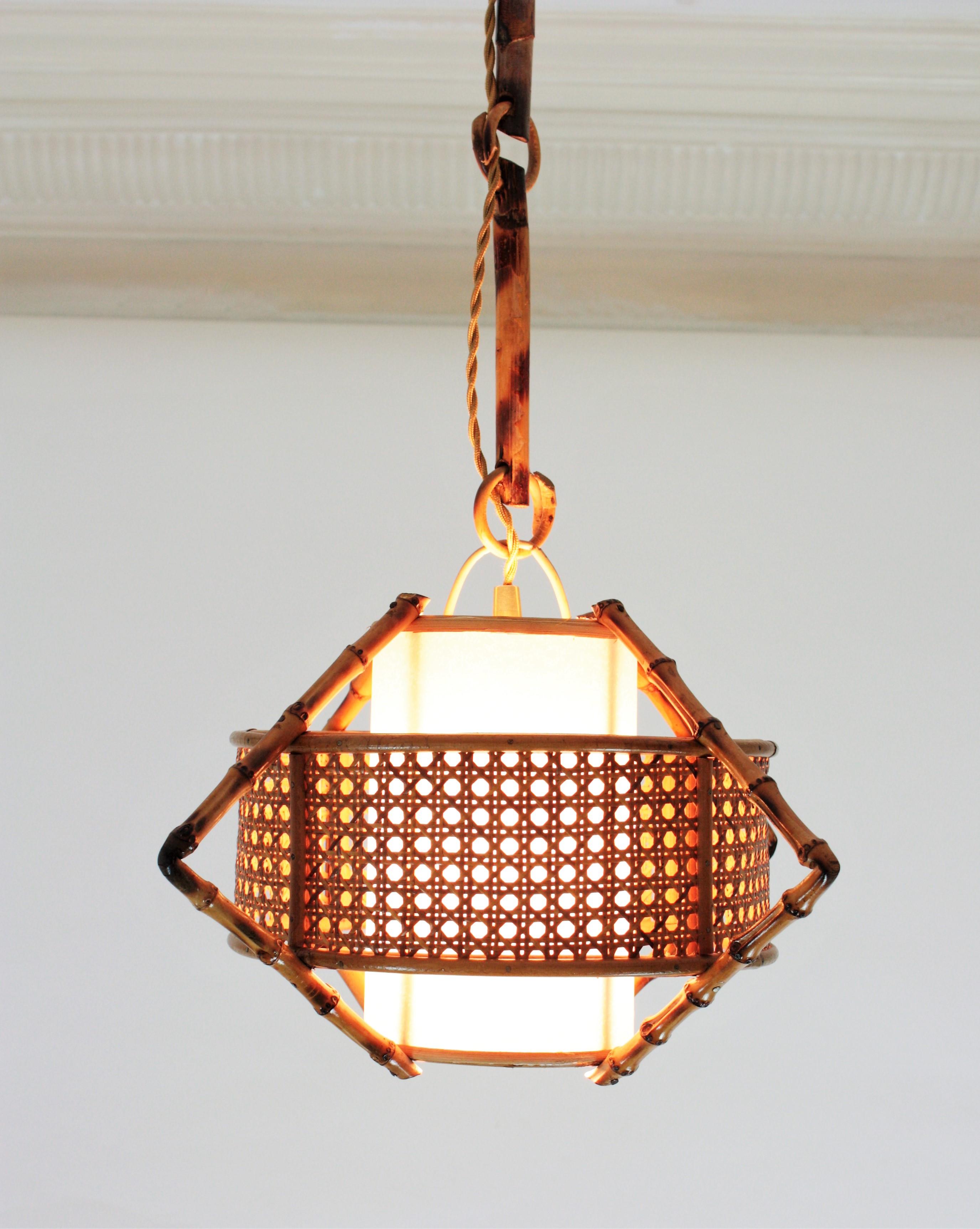 Spanish Modernist Bamboo Rattan and Wicker Pendant Lamp with Tiki Accents, 1950s 7
