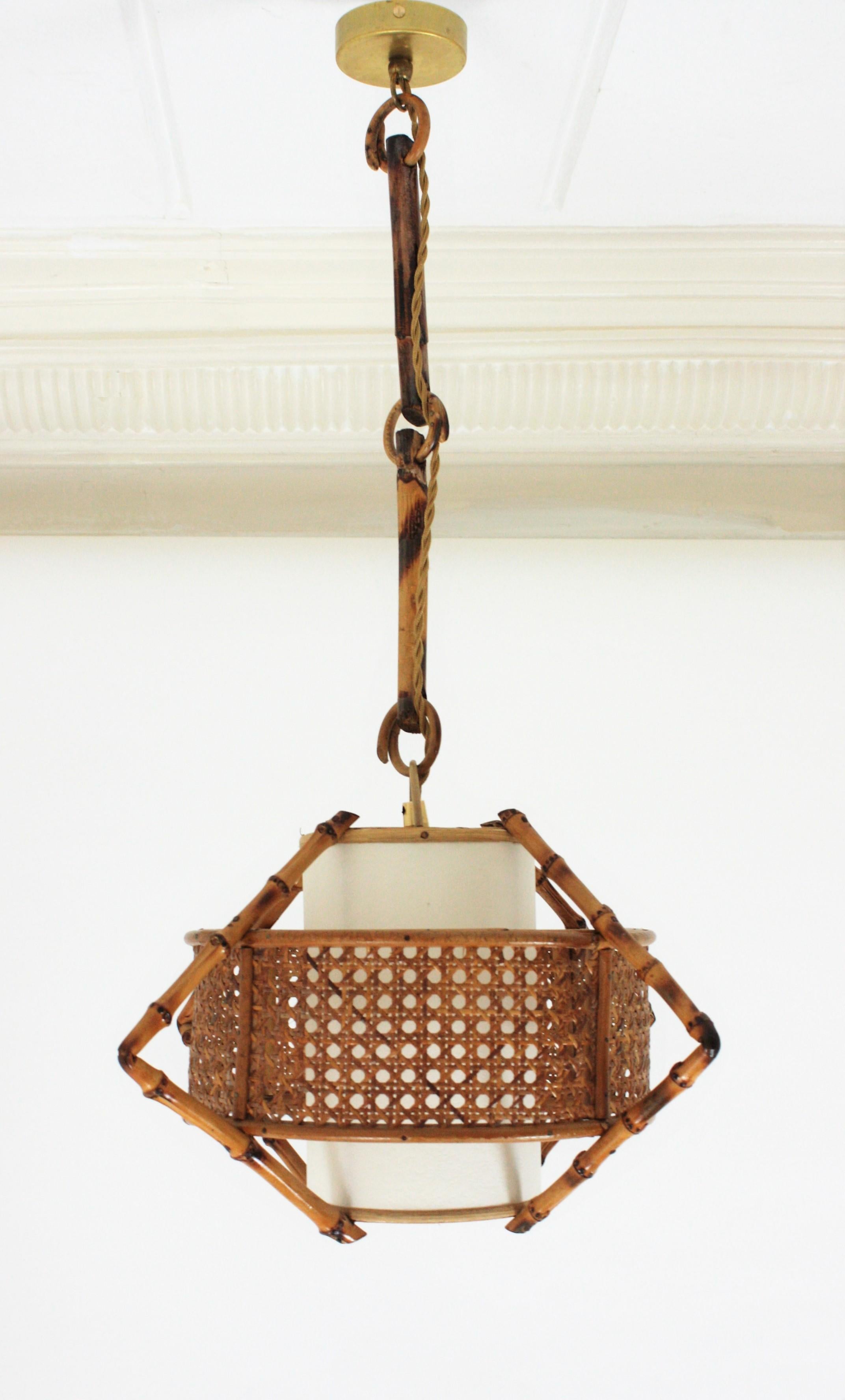 Spanish Modernist Bamboo Rattan and Wicker Pendant Lamp with Tiki Accents, 1950s 9