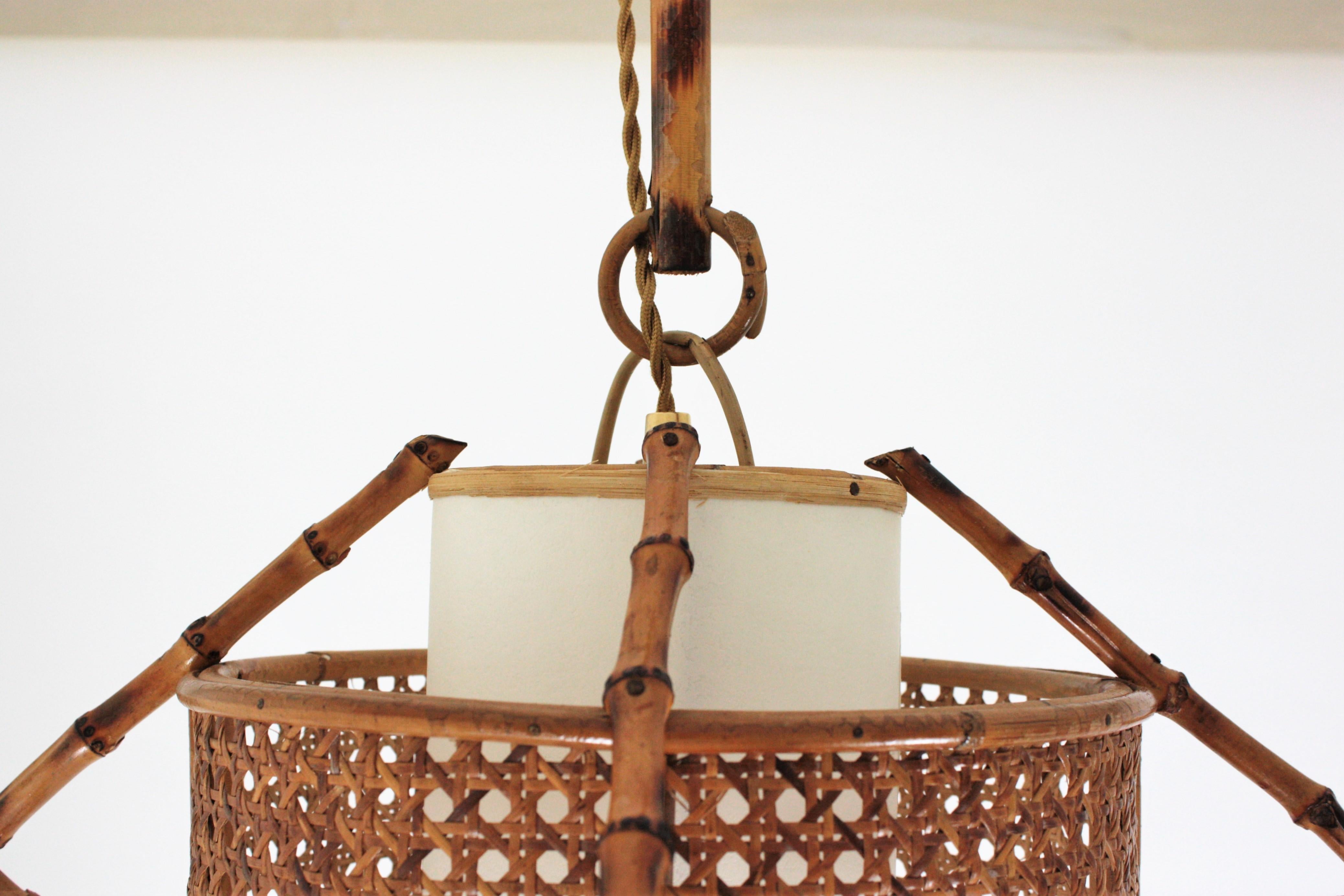 Spanish Modernist Bamboo Rattan and Wicker Pendant Lamp with Tiki Accents, 1950s 10