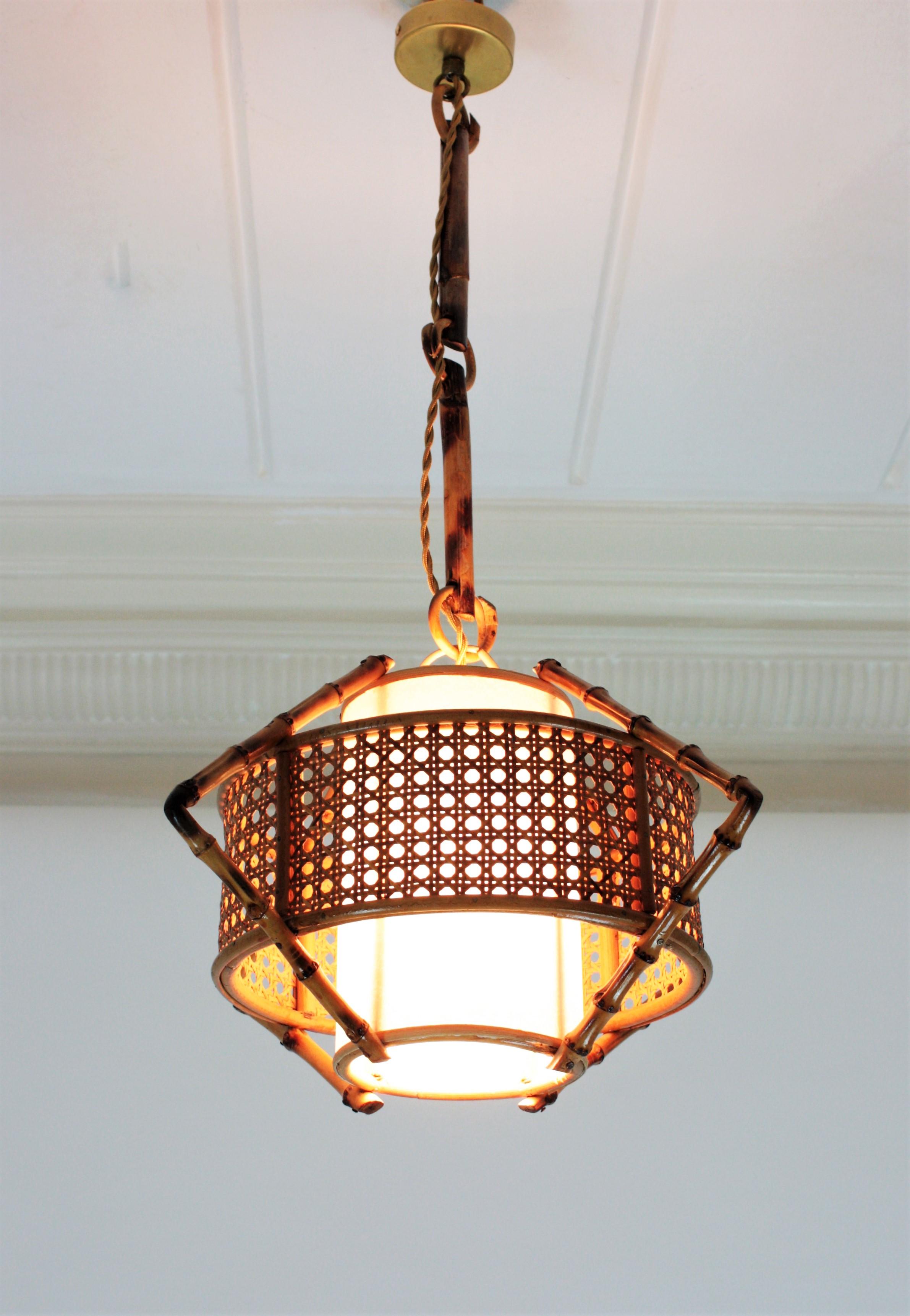 Spanish Modernist Bamboo Rattan and Wicker Pendant Lamp with Tiki Accents, 1950s 12