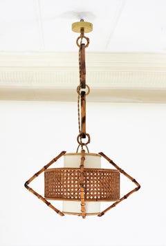 Spanish Modernist Bamboo Rattan and Wicker Pendant Lamp with Tiki Accents, 1950s