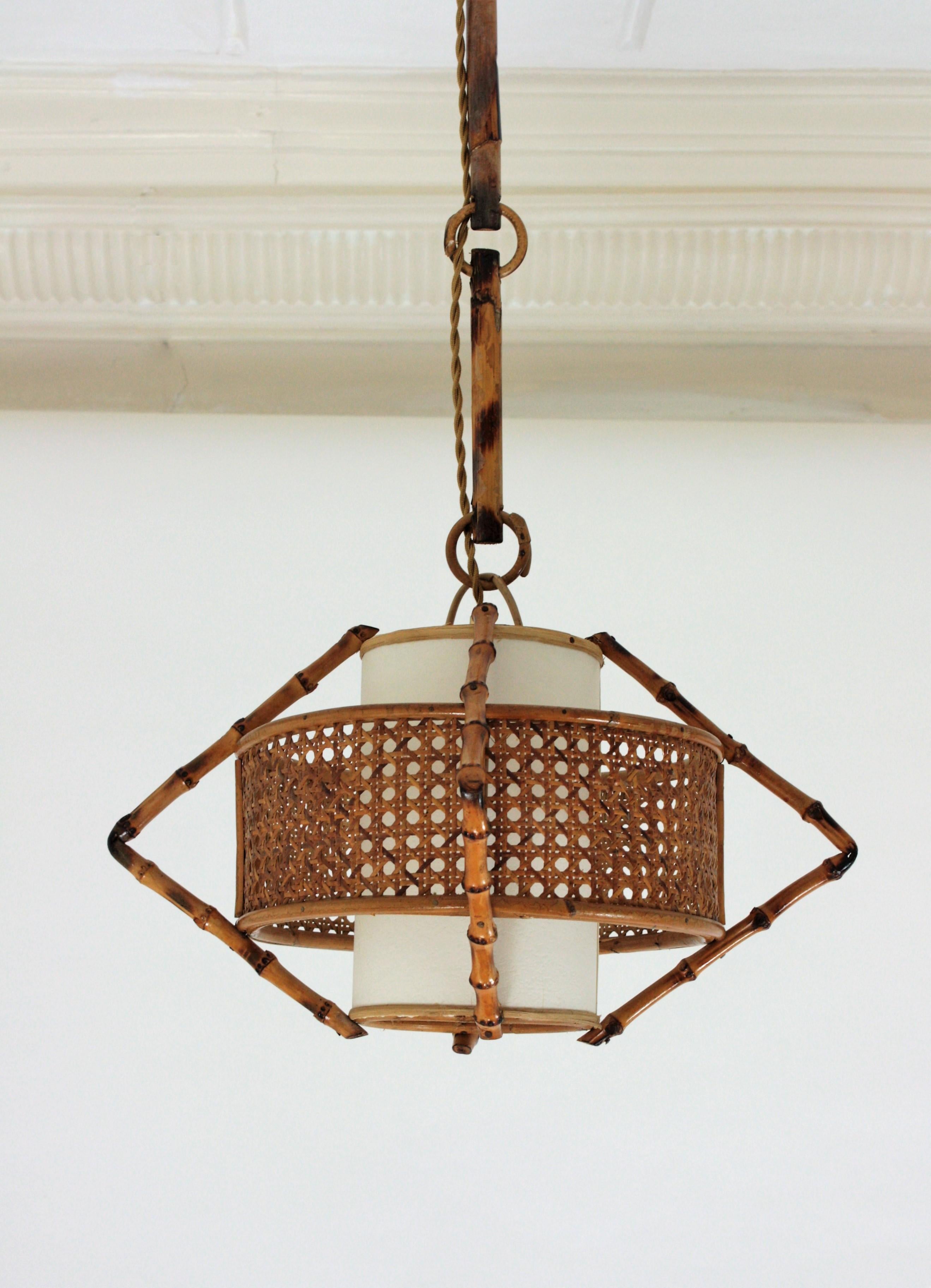 Mid-Century Modern Spanish Modernist Bamboo Rattan and Wicker Pendant Lamp with Tiki Accents, 1950s