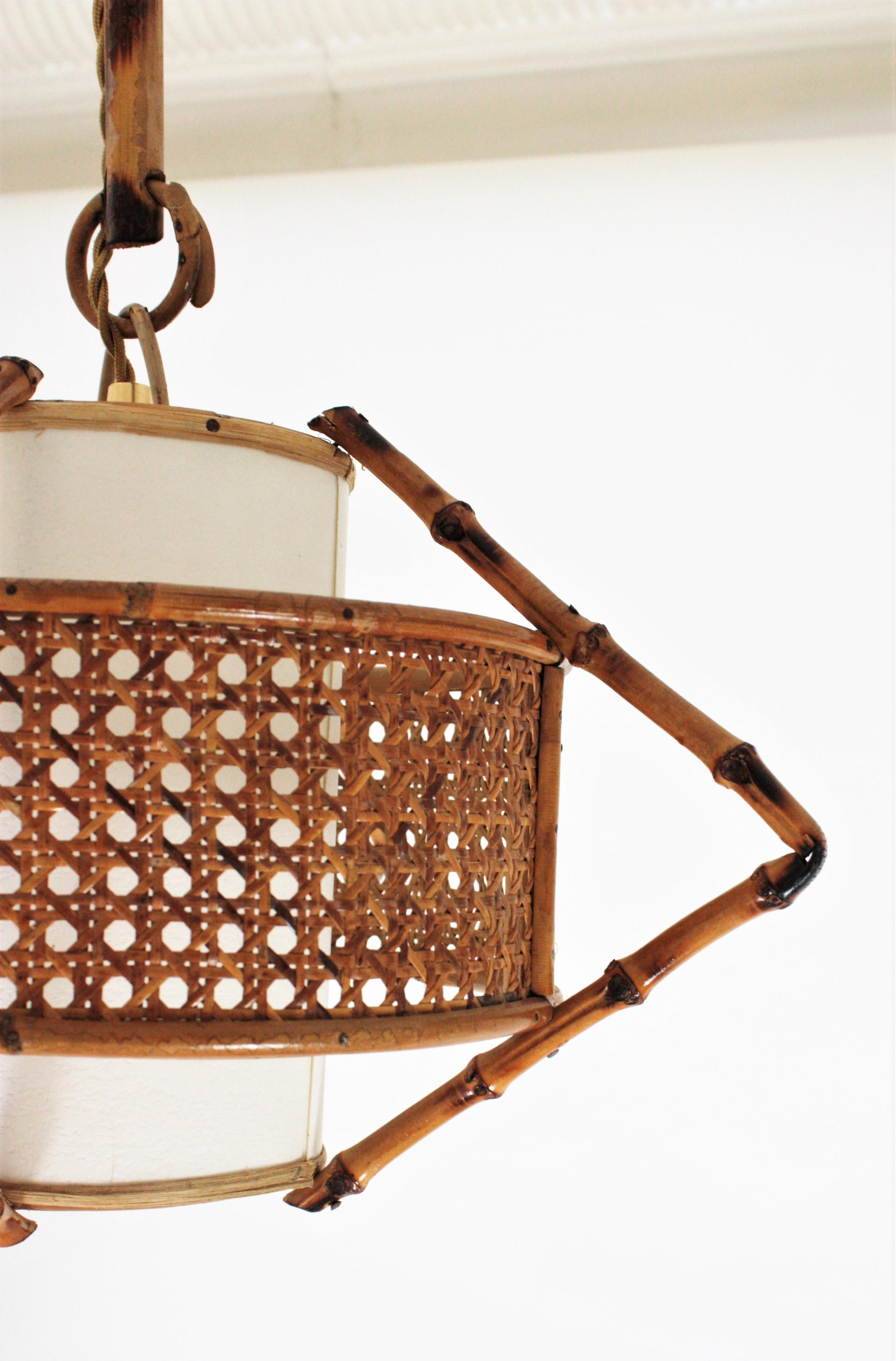 20th Century Spanish Modernist Bamboo Rattan and Wicker Pendant Lamp with Tiki Accents, 1950s