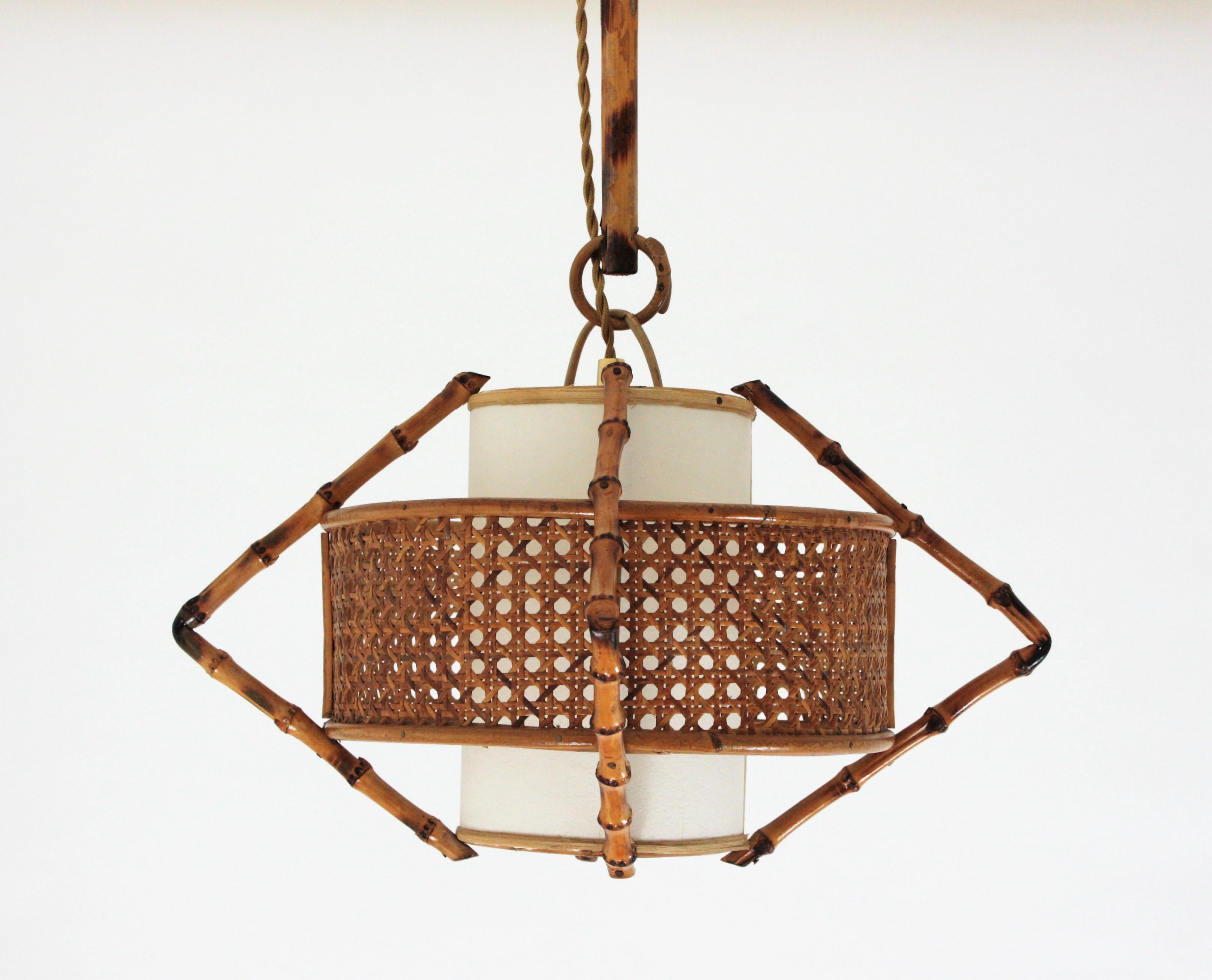 Spanish Modernist Bamboo Rattan and Wicker Pendant Lamp with Tiki Accents, 1950s 1