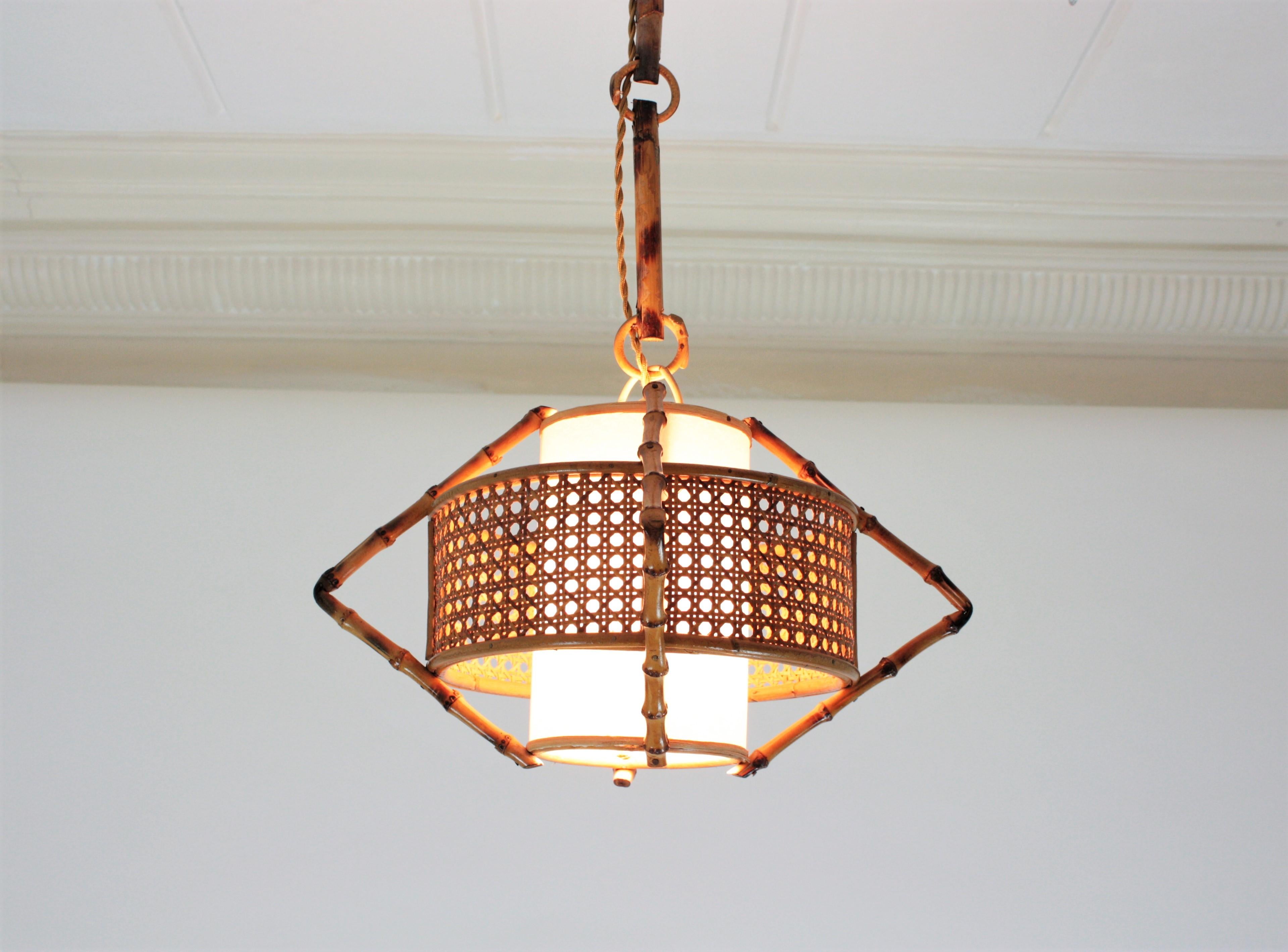 Spanish Modernist Bamboo Rattan and Wicker Pendant Lamp with Tiki Accents, 1950s 2