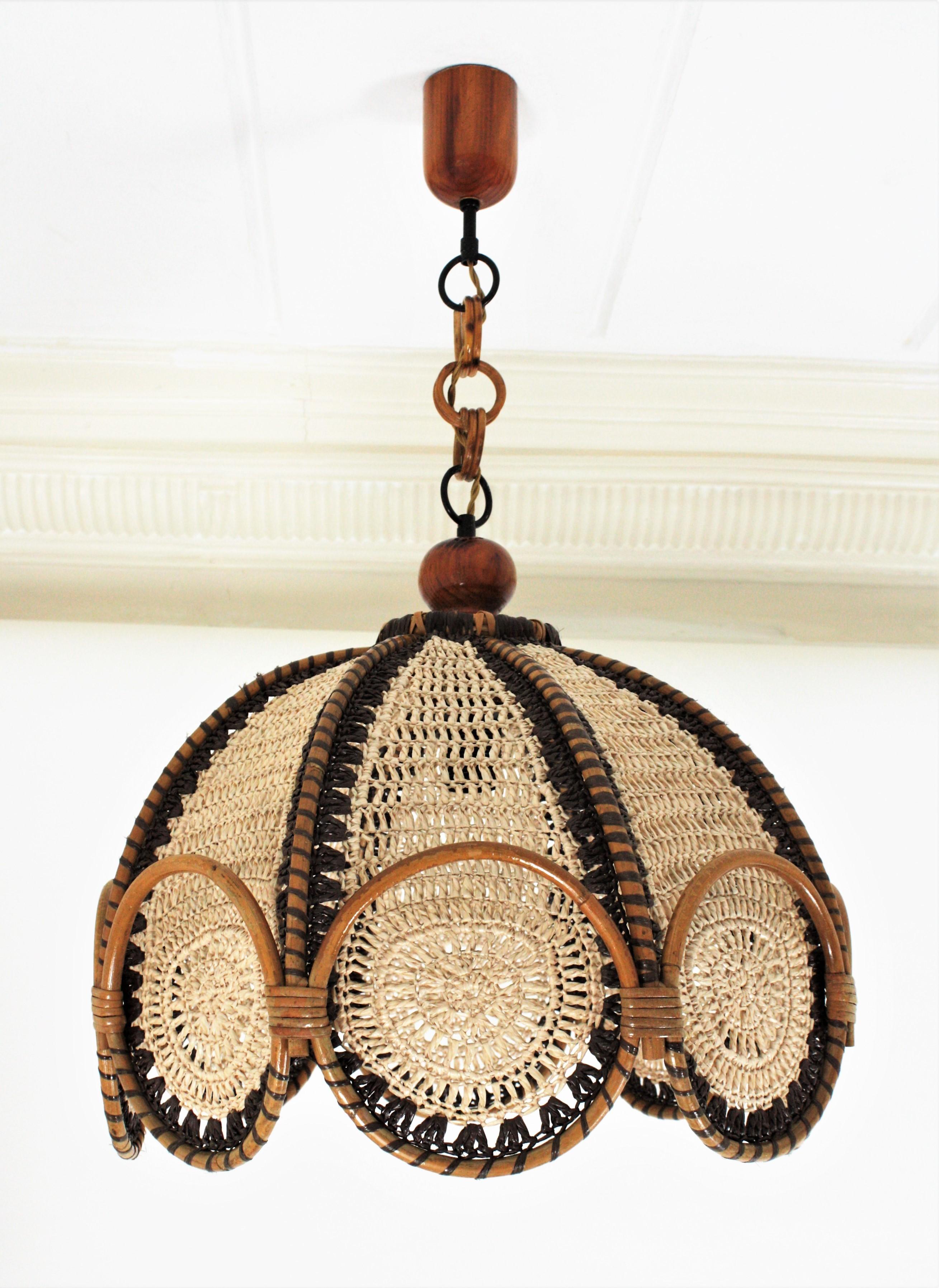 Spanish Modernist Beige and Brown Macramé Large Pendant Lamp with Rattan Rings 4