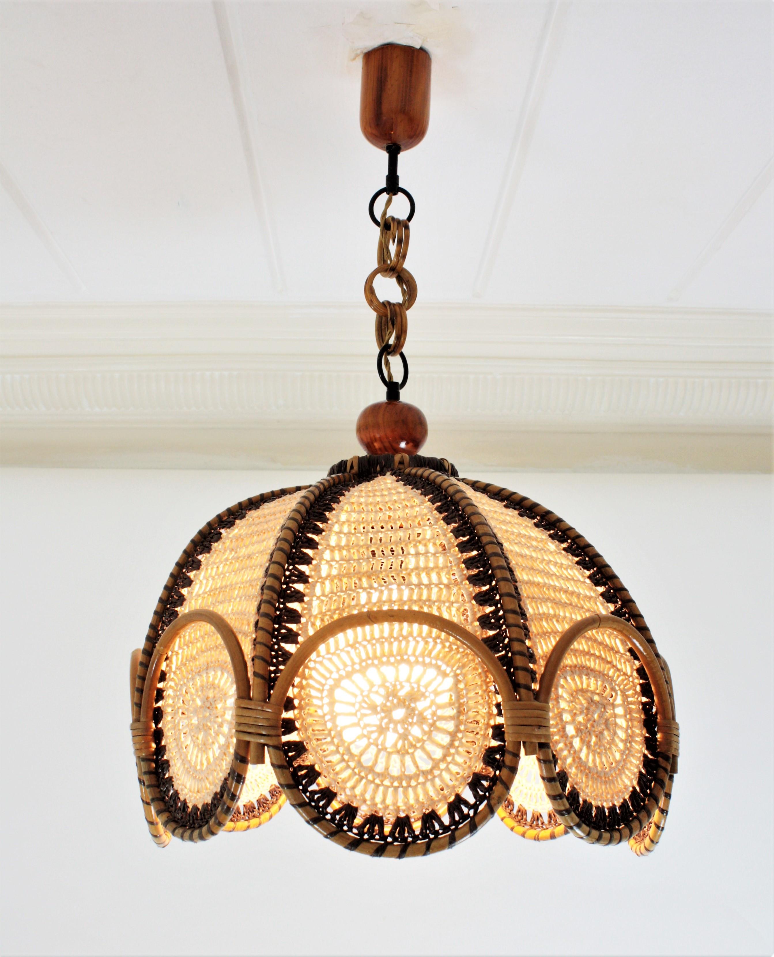 Spanish Modernist Beige and Brown Macramé Large Pendant Lamp with Rattan Rings 5