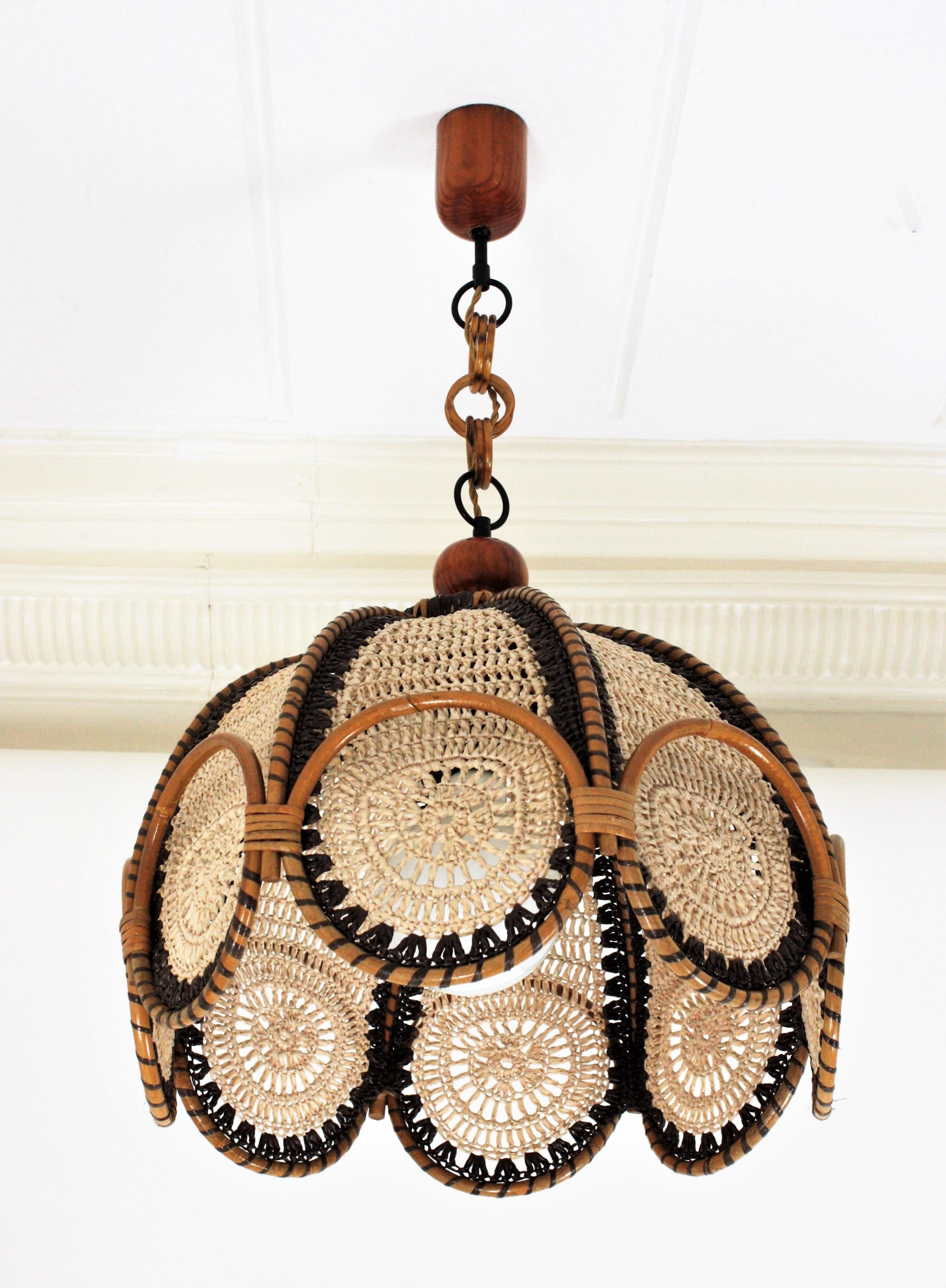 Bohemian Spanish Modernist Beige and Brown Macramé Large Pendant Lamp with Rattan Rings