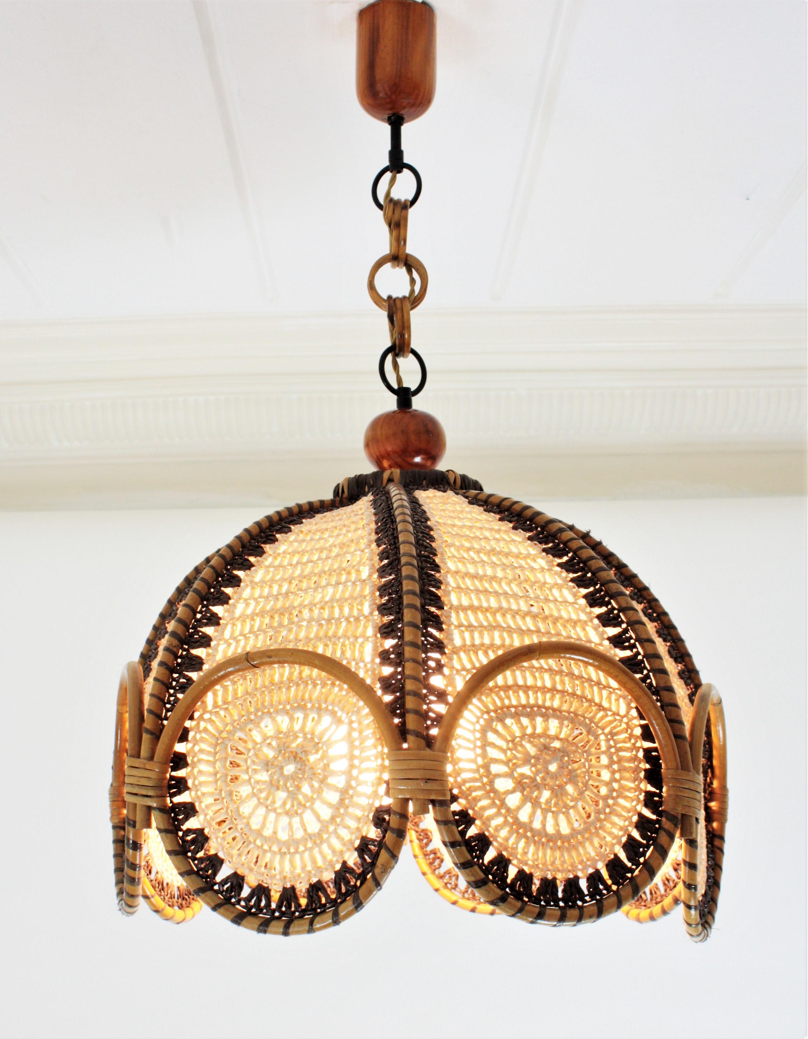 Spanish Modernist Beige and Brown Macramé Large Pendant Lamp with Rattan Rings 1