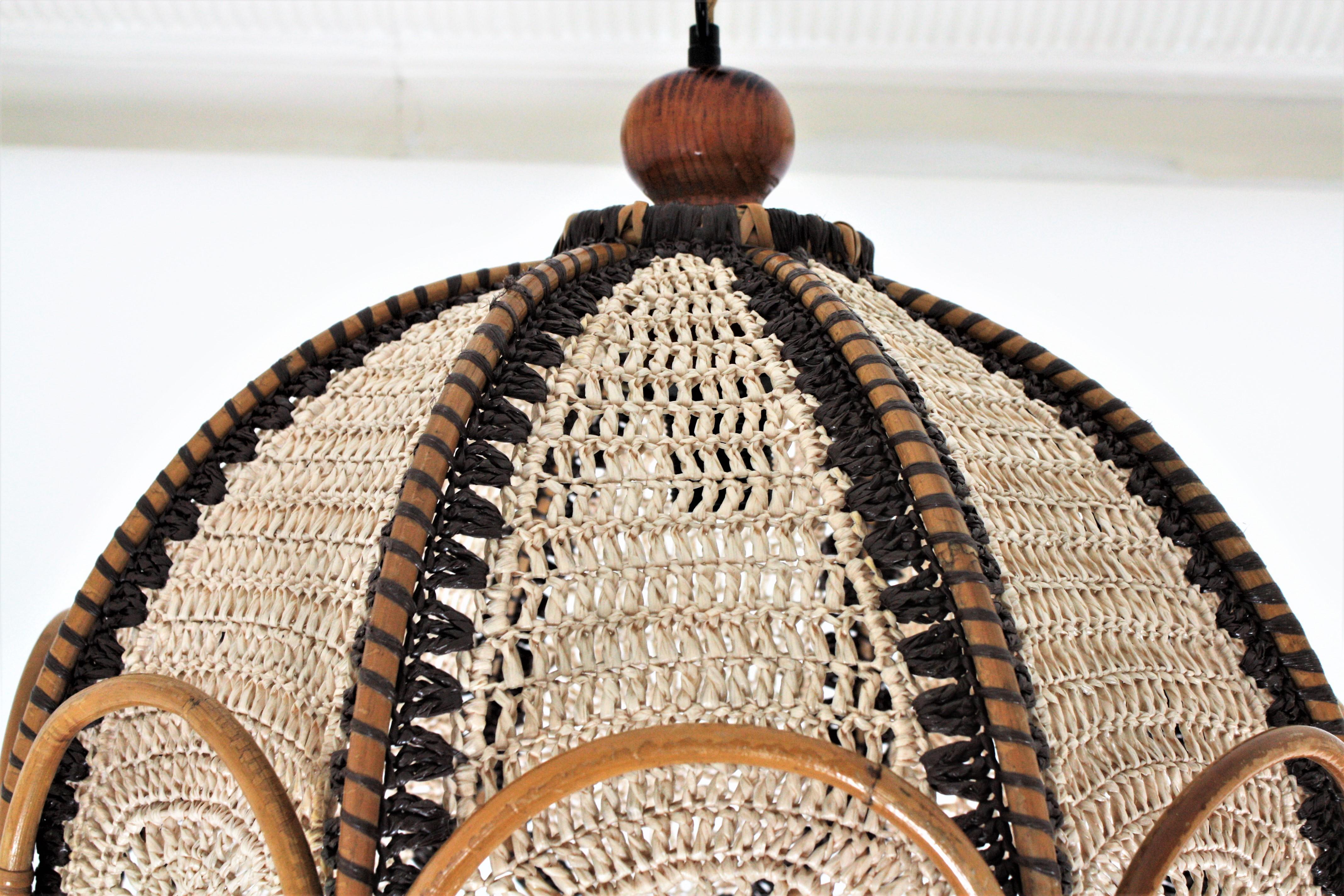 Spanish Modernist Beige and Brown Macramé Large Pendant Lamp with Rattan Rings 2