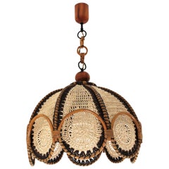 Vintage Spanish Modernist Beige and Brown Macramé Large Pendant Lamp with Rattan Rings