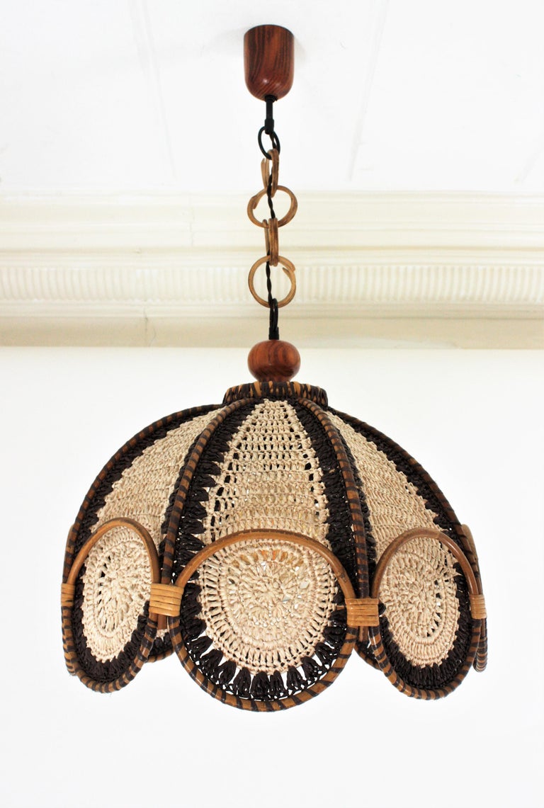 Spanish Modernist Beige Brown Macramé Large Pendant Lamp with Rattan Rings For Sale 3