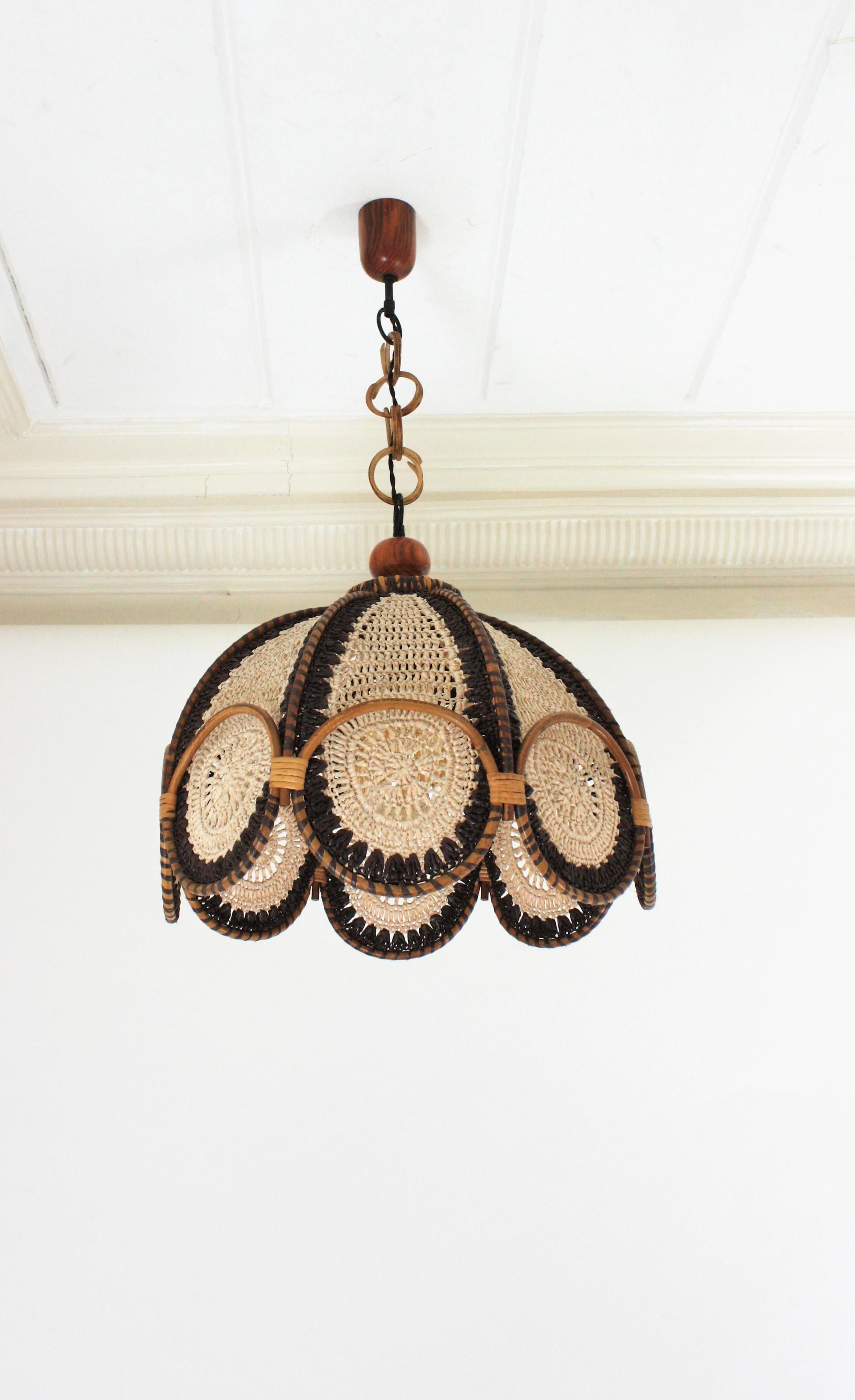 Spanish Modernist Beige Brown Macramé Large Pendant Lamp with Rattan Rings For Sale 4