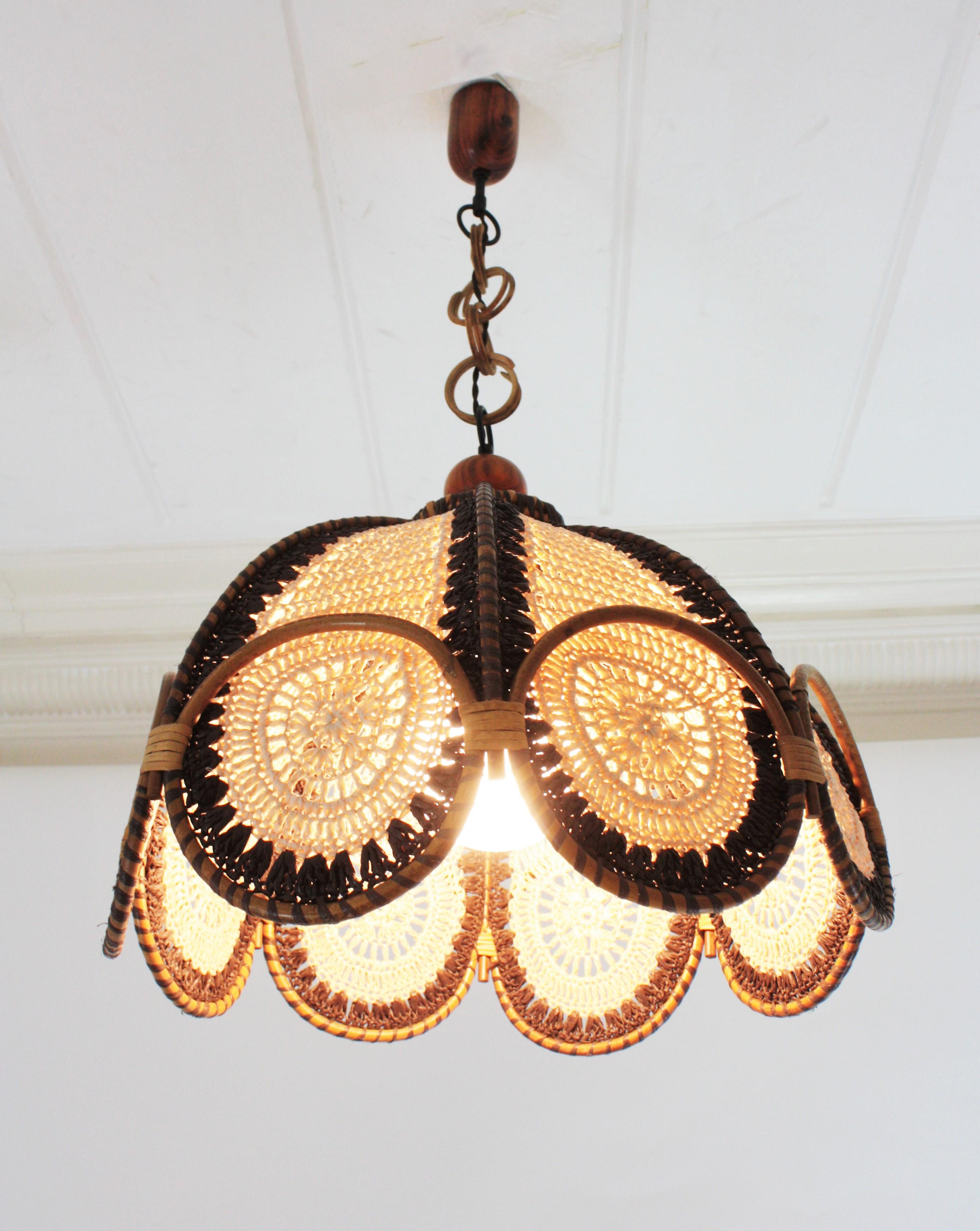 Spanish Modernist Beige Brown Macramé Large Pendant Lamp with Rattan Rings For Sale 6