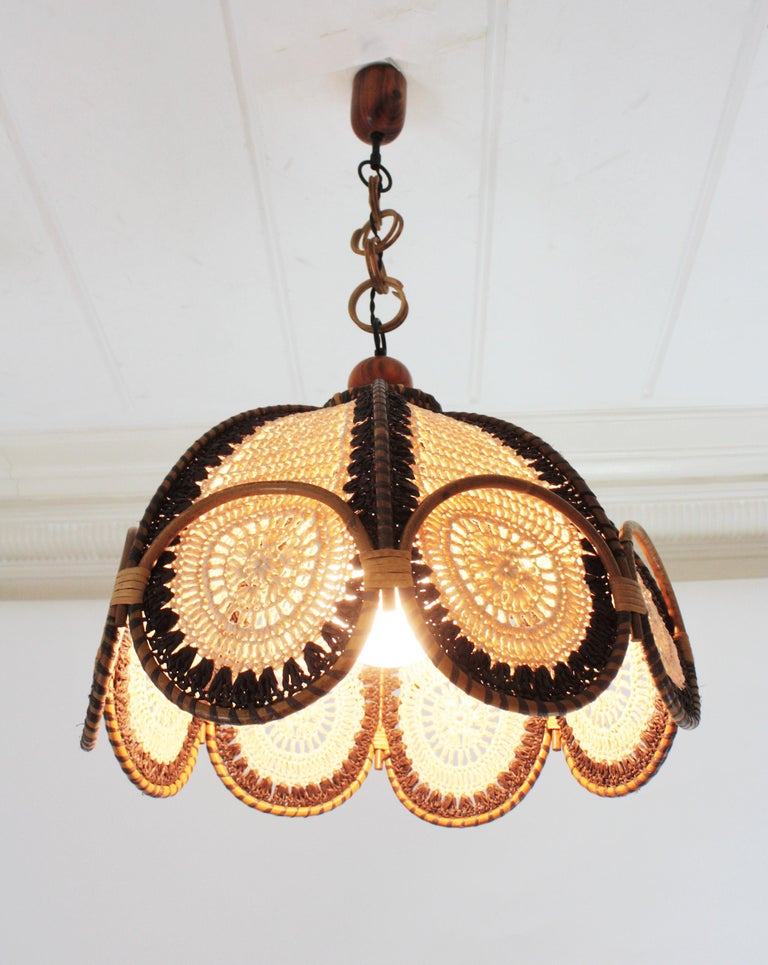 Spanish Modernist Beige Brown Macramé Large Pendant Lamp with Rattan Rings For Sale 7