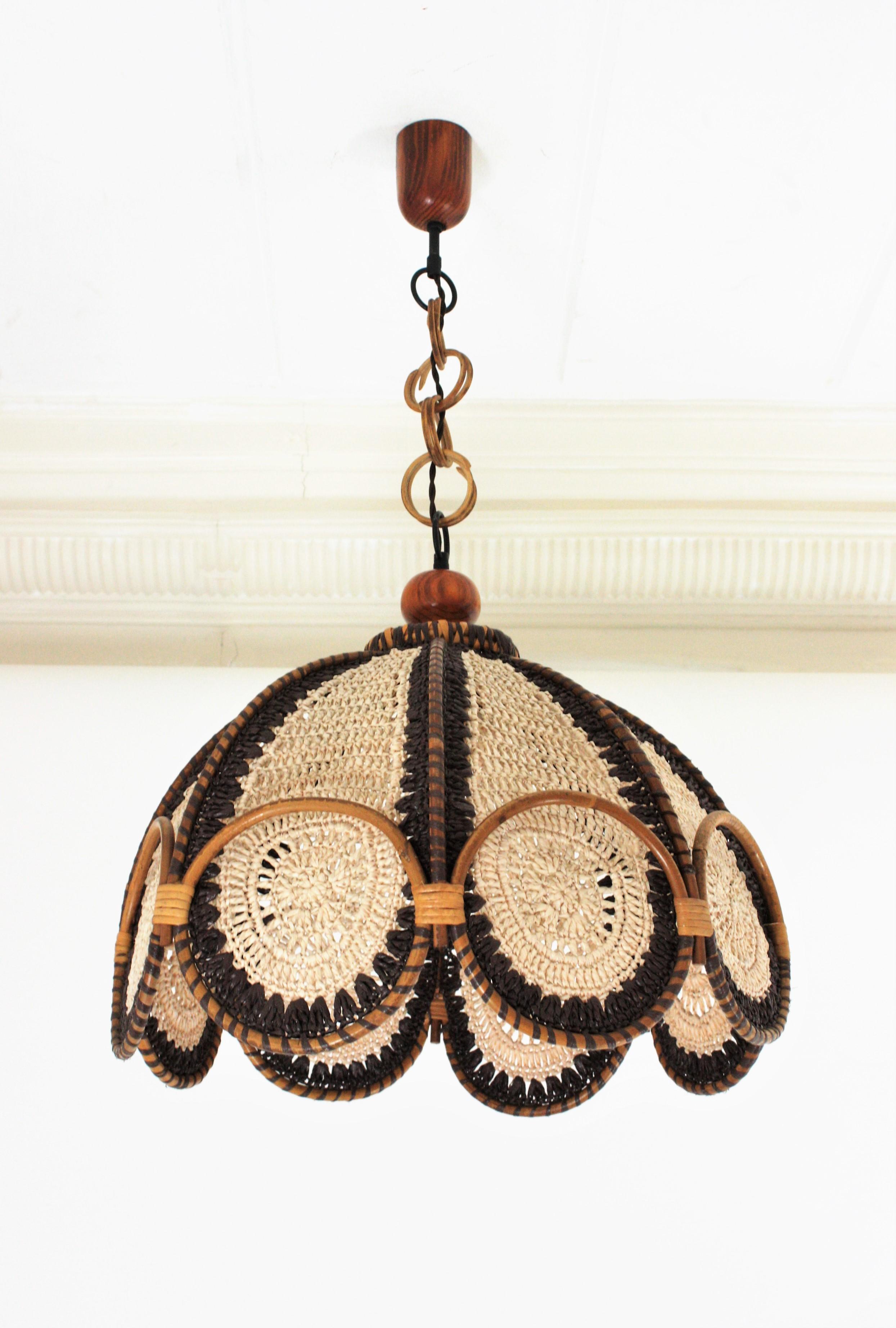 Spanish Modernist Beige Brown Macramé Large Pendant Lamp with Rattan Rings For Sale 8