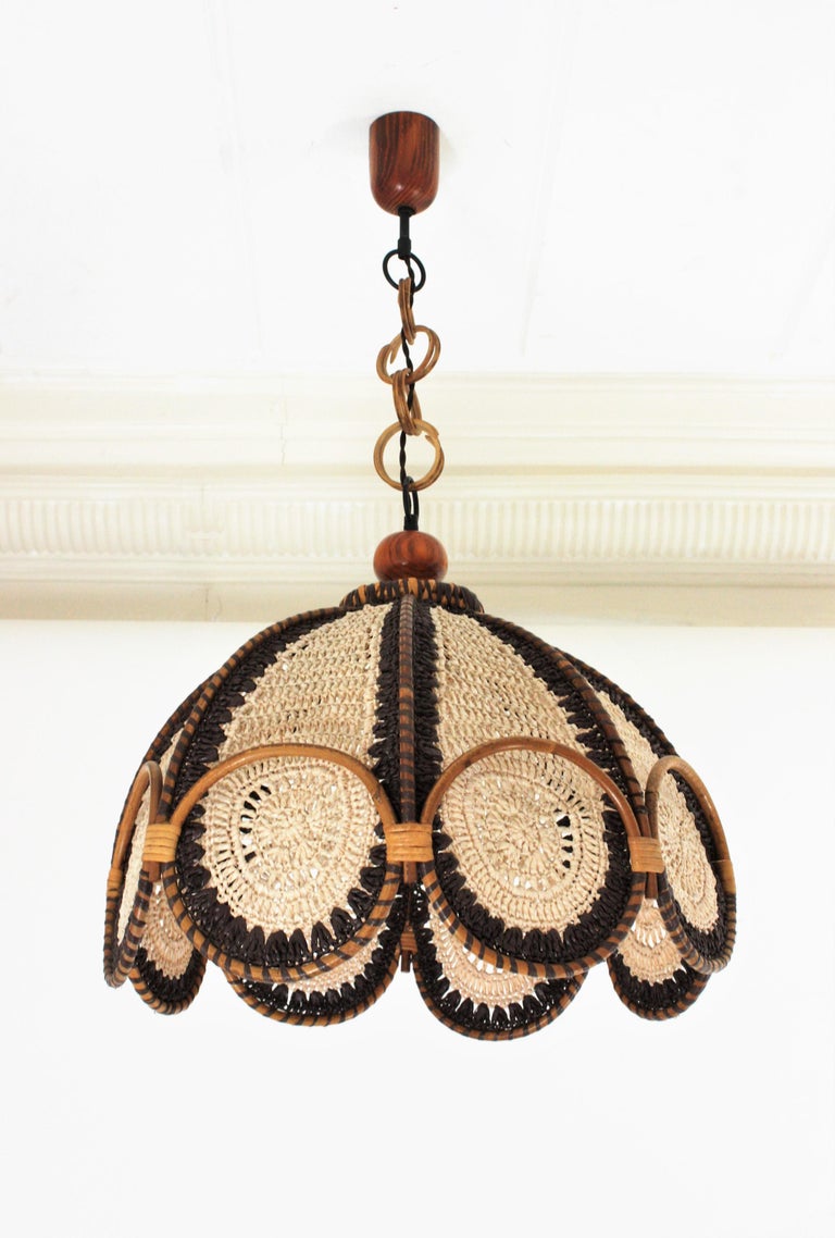 Spanish Modernist Beige Brown Macramé Large Pendant Lamp with Rattan Rings For Sale 9