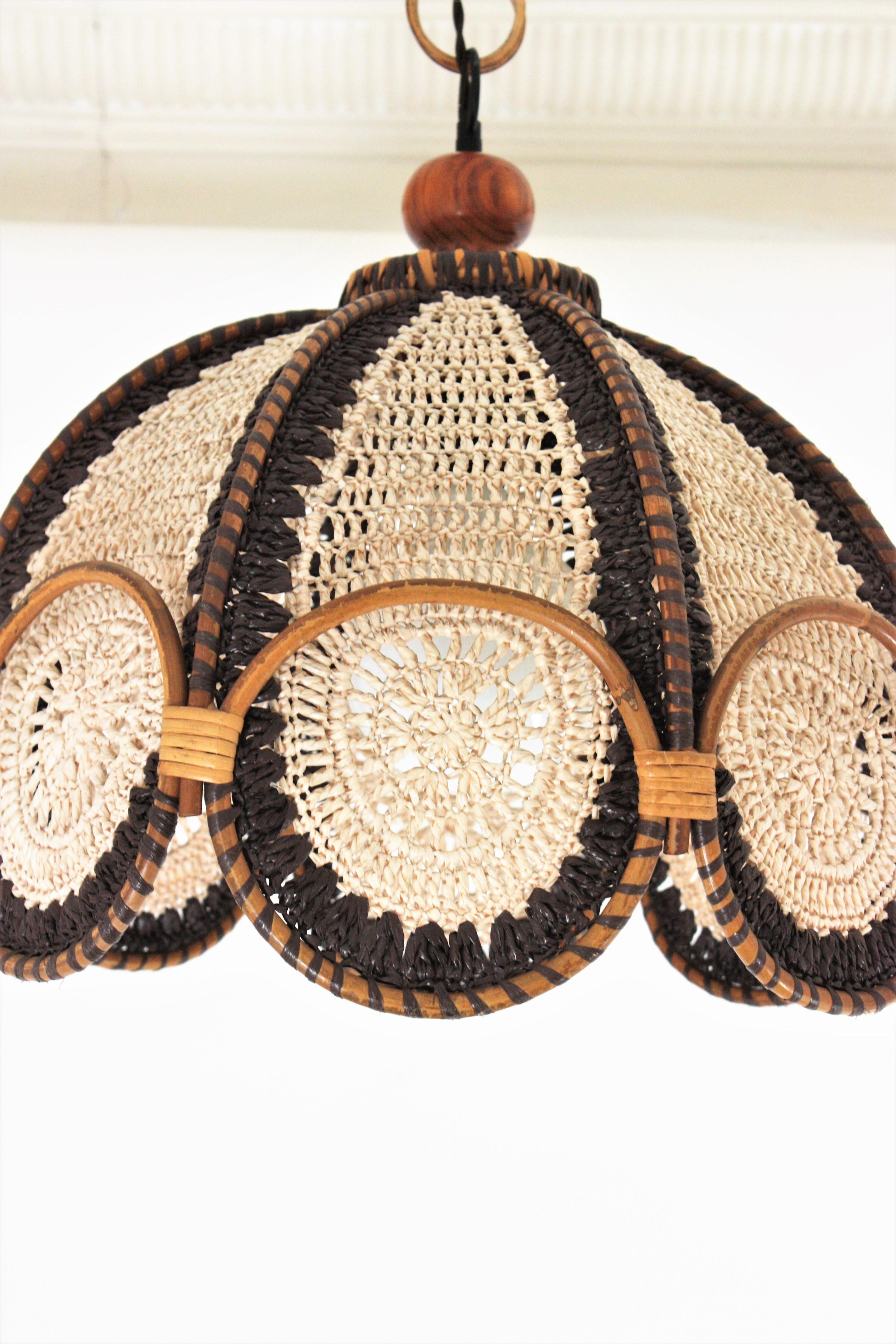 Spanish Modernist Beige Brown Macramé Large Pendant Lamp with Rattan Rings For Sale 9