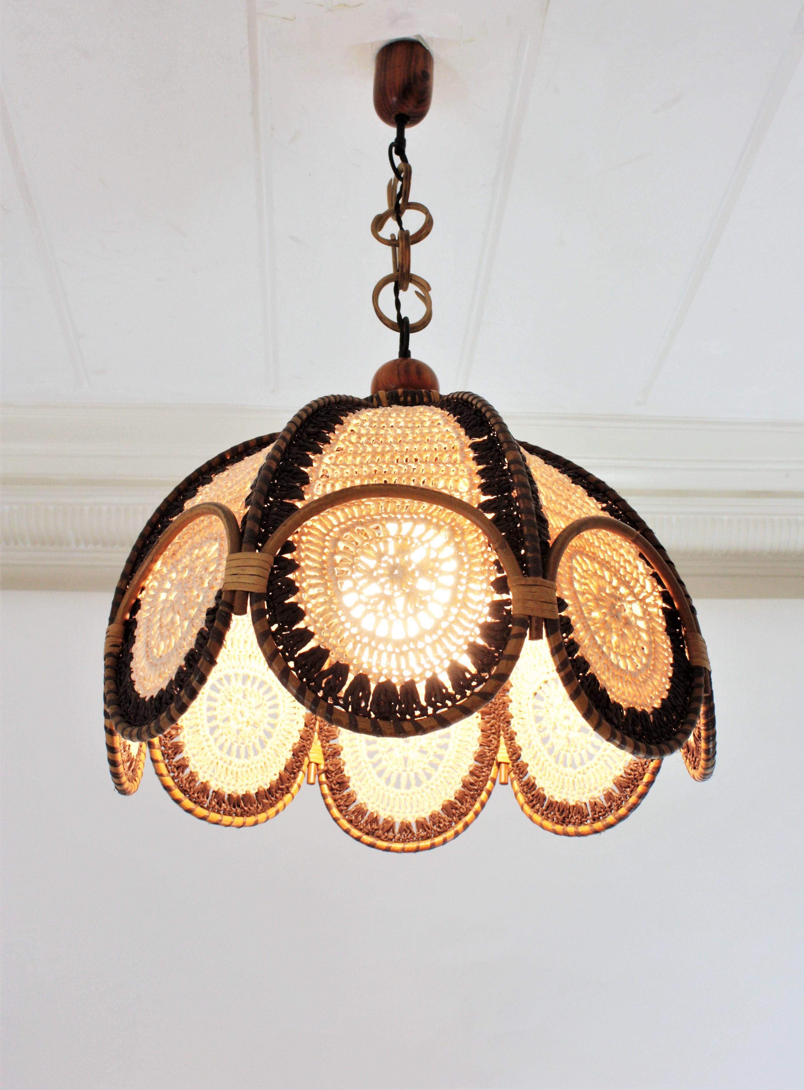 Spanish Modernist Beige Brown Macramé Large Pendant Lamp with Rattan Rings For Sale 11