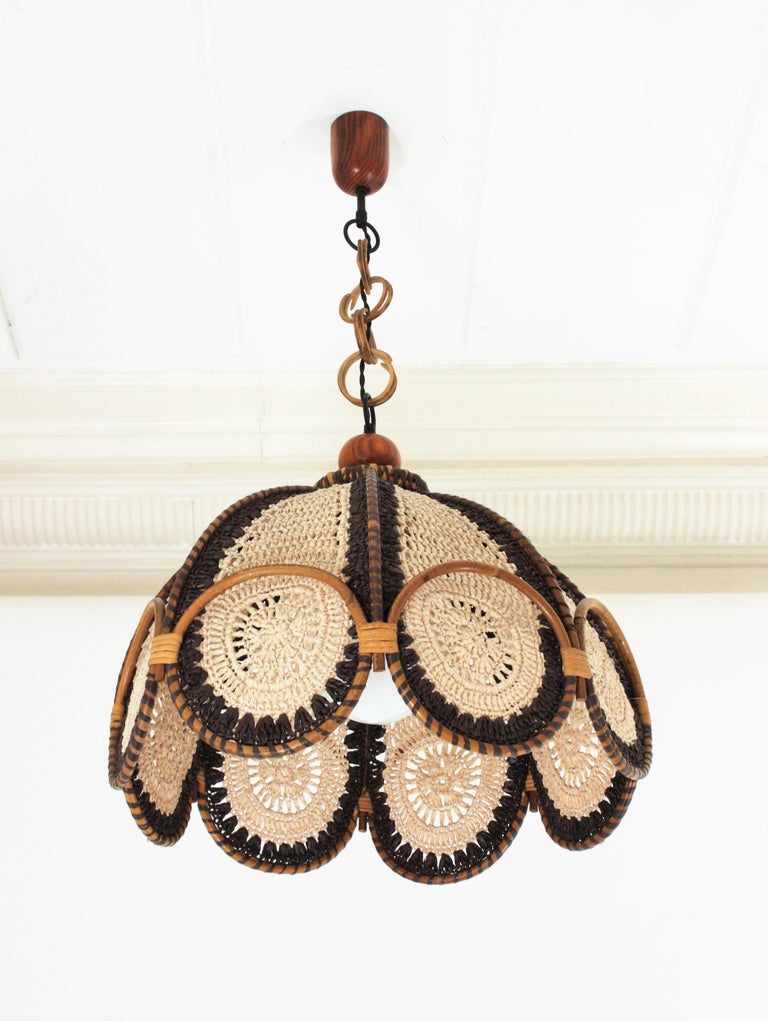 Bohemian Spanish Modernist Beige Brown Macramé Large Pendant Lamp with Rattan Rings For Sale