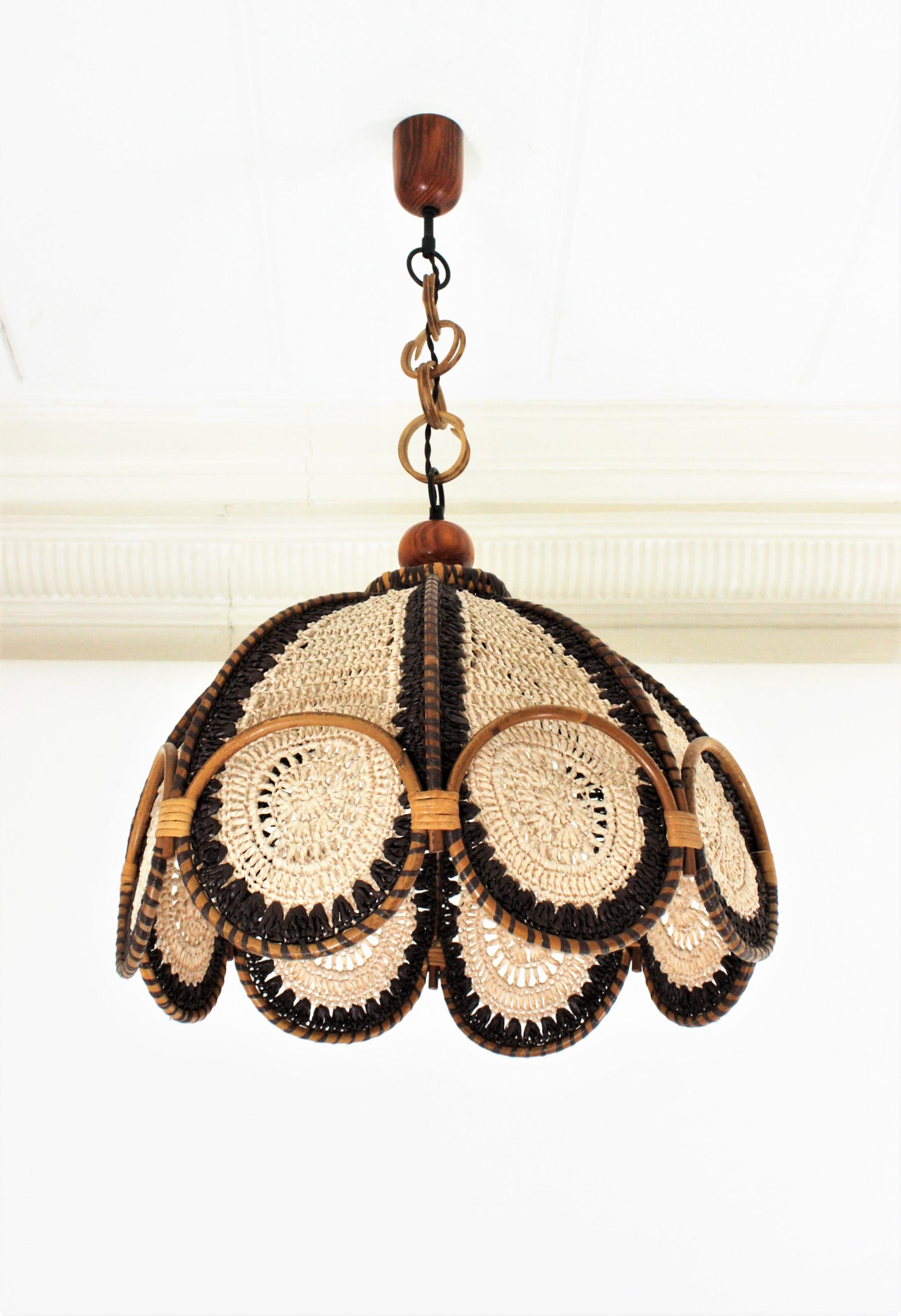 Bohemian Spanish Modernist Beige Brown Macramé Large Pendant Lamp with Rattan Rings For Sale