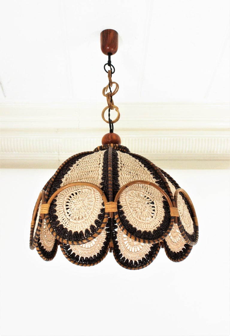 Hand-Knotted Spanish Modernist Beige Brown Macramé Large Pendant Lamp with Rattan Rings For Sale