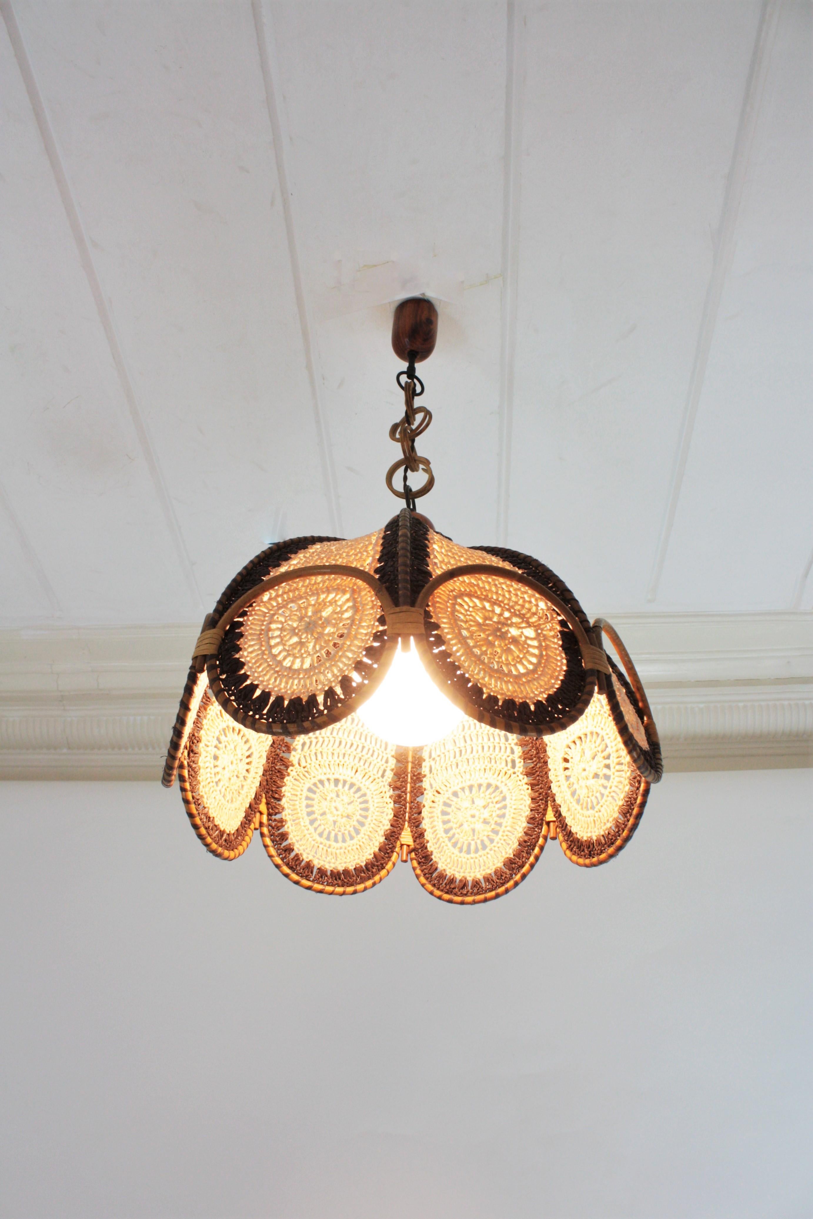 Hand-Knotted Spanish Modernist Beige Brown Macramé Large Pendant Lamp with Rattan Rings For Sale