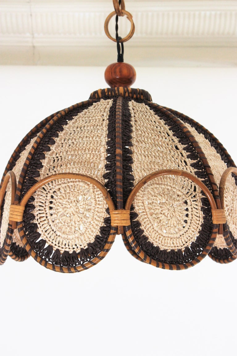 Wicker Spanish Modernist Beige Brown Macramé Large Pendant Lamp with Rattan Rings For Sale