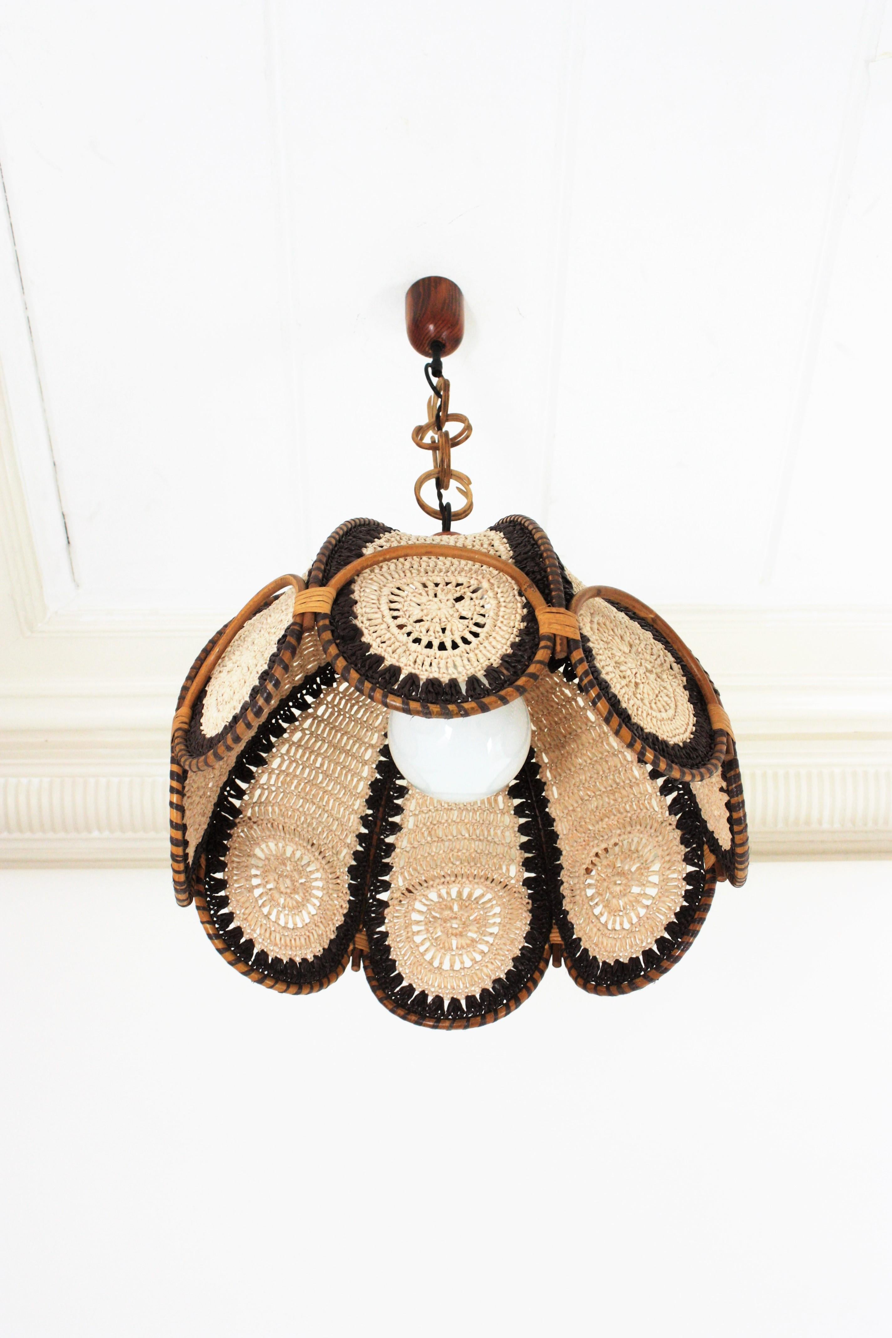 Acrylic Spanish Modernist Beige Brown Macramé Large Pendant Lamp with Rattan Rings For Sale