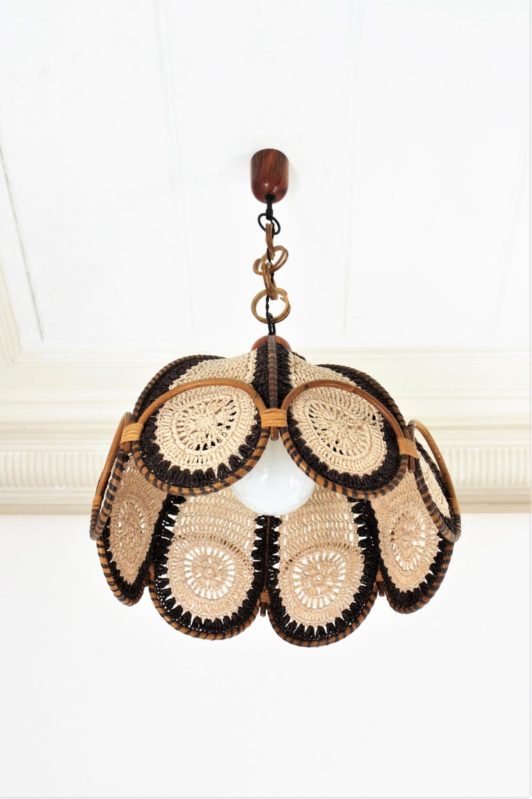Spanish Modernist Beige Brown Macramé Large Pendant Lamp with Rattan Rings For Sale 2