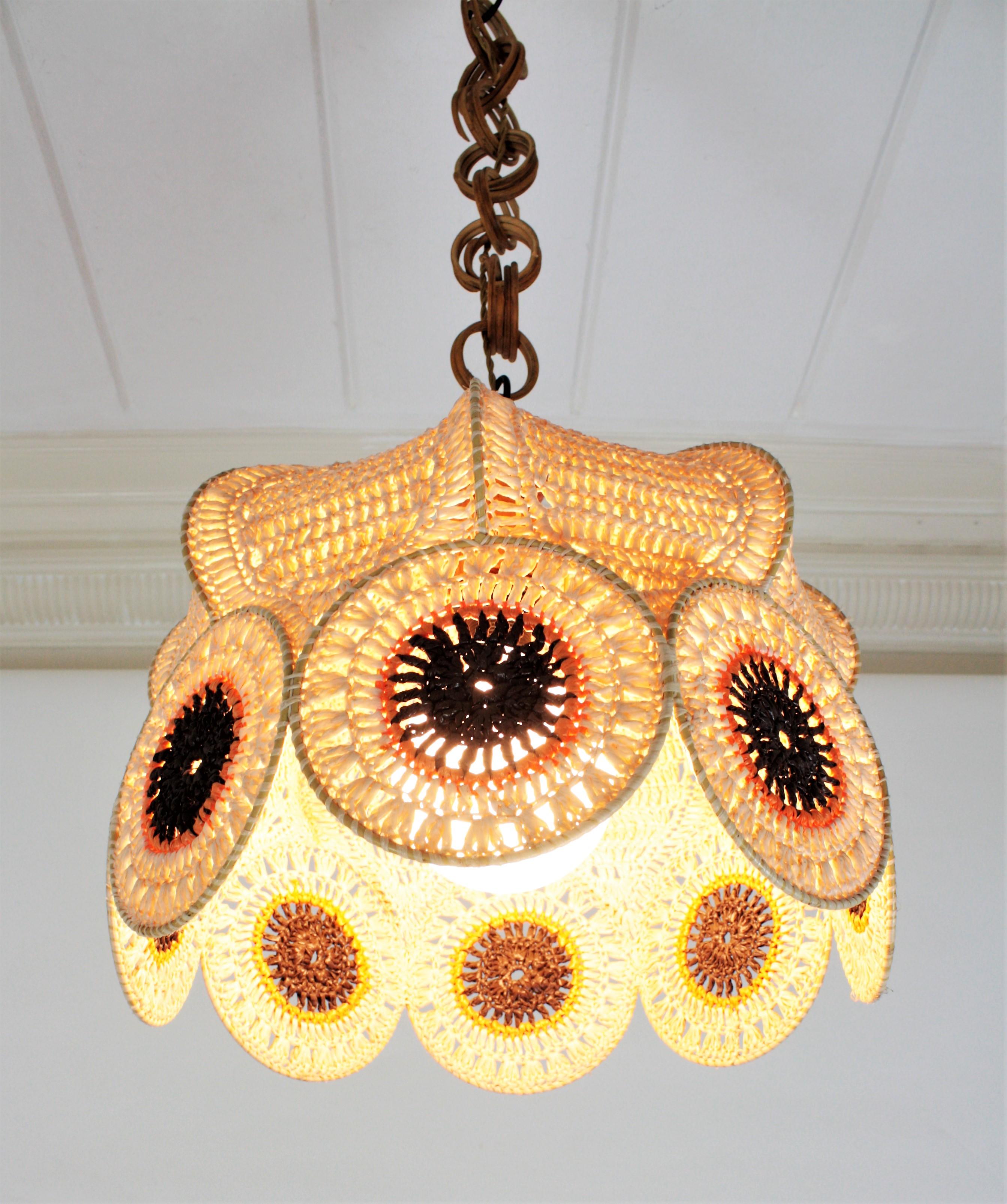 Spanish Modernist Large Pendant Lamp in Beige, Orange and Brown Macramé 2
