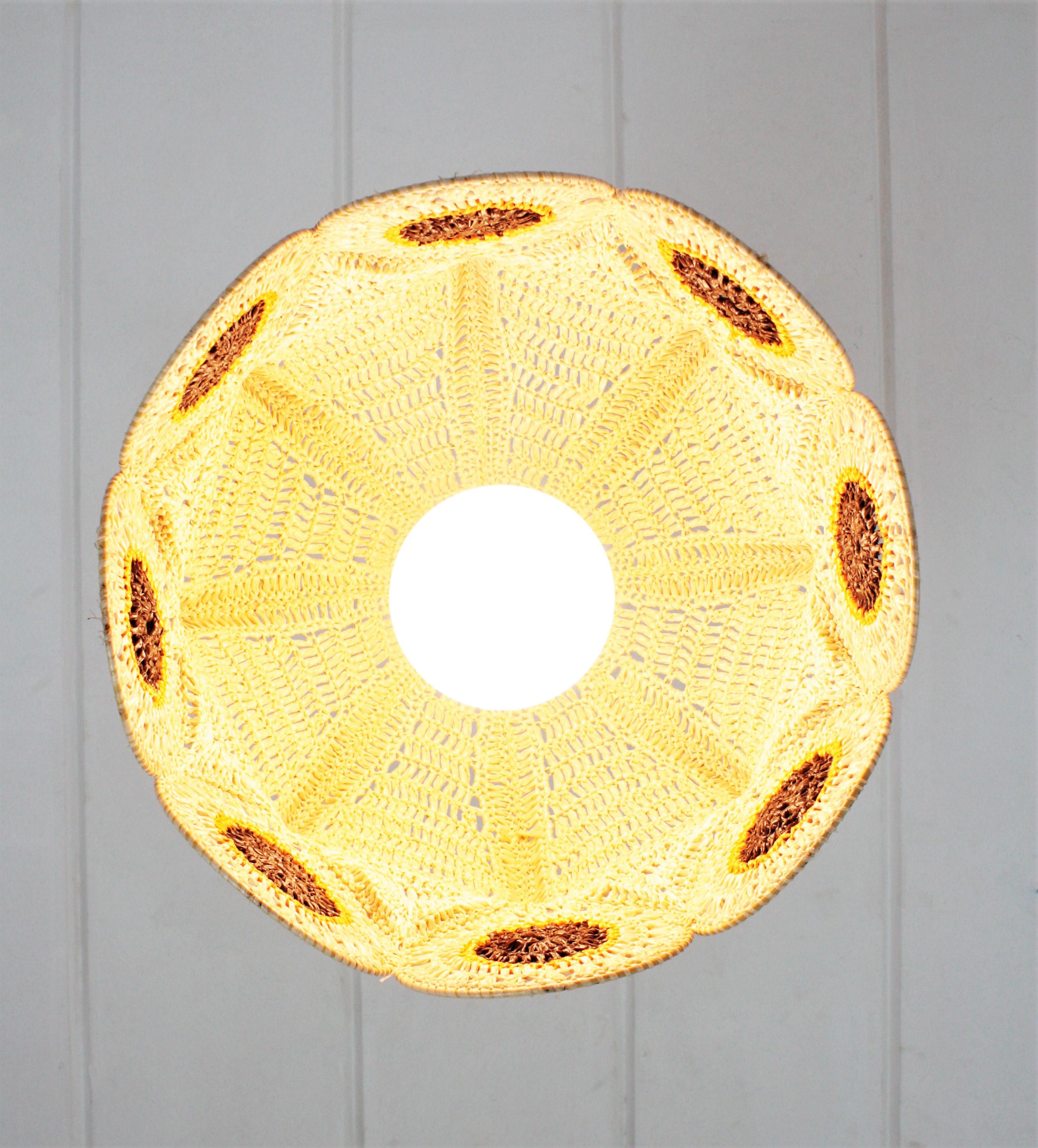 Spanish Modernist Large Pendant Lamp in Beige, Orange and Brown Macramé 4