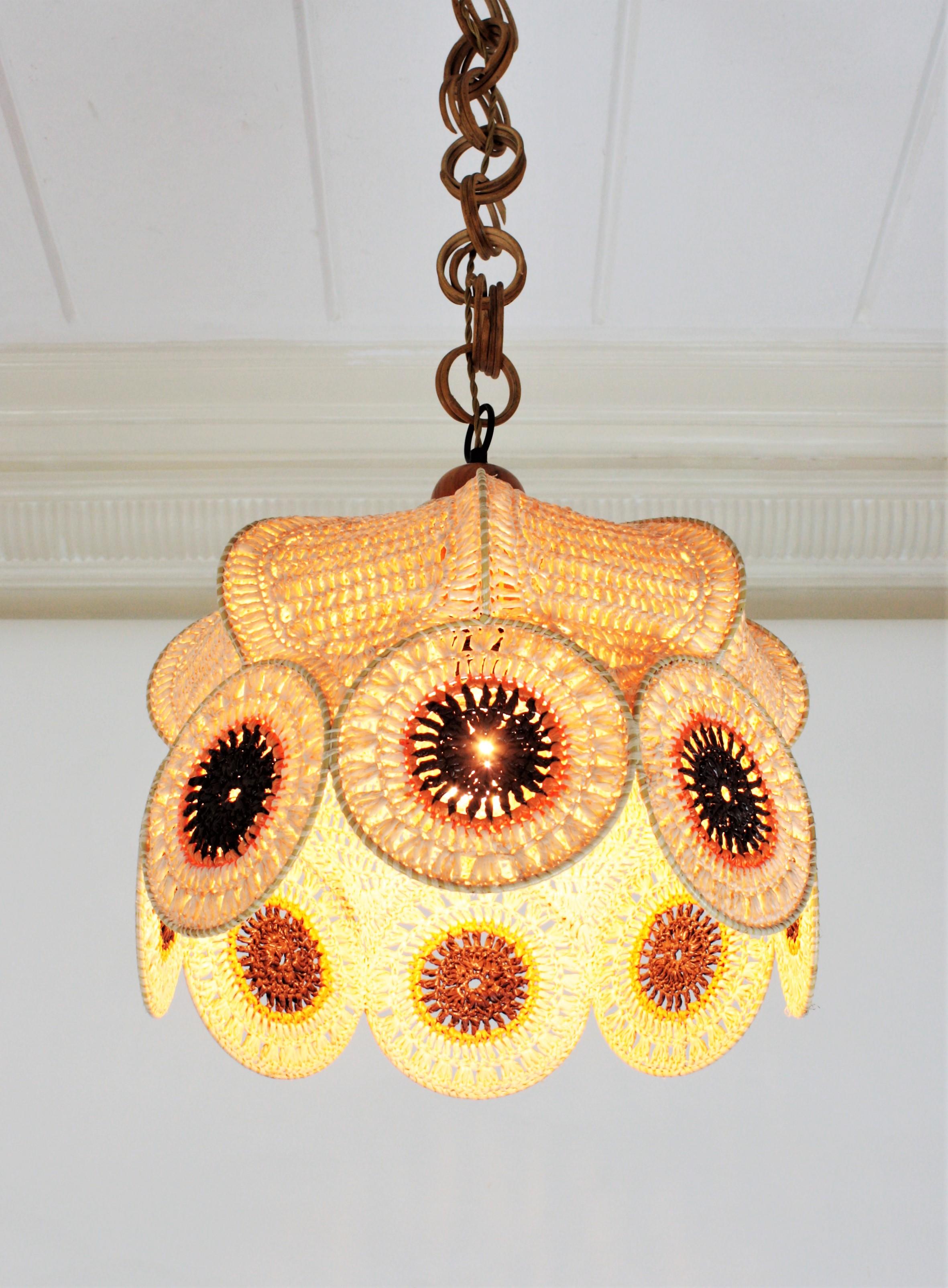 Spanish Modernist Large Pendant Lamp in Beige, Orange and Brown Macramé 6