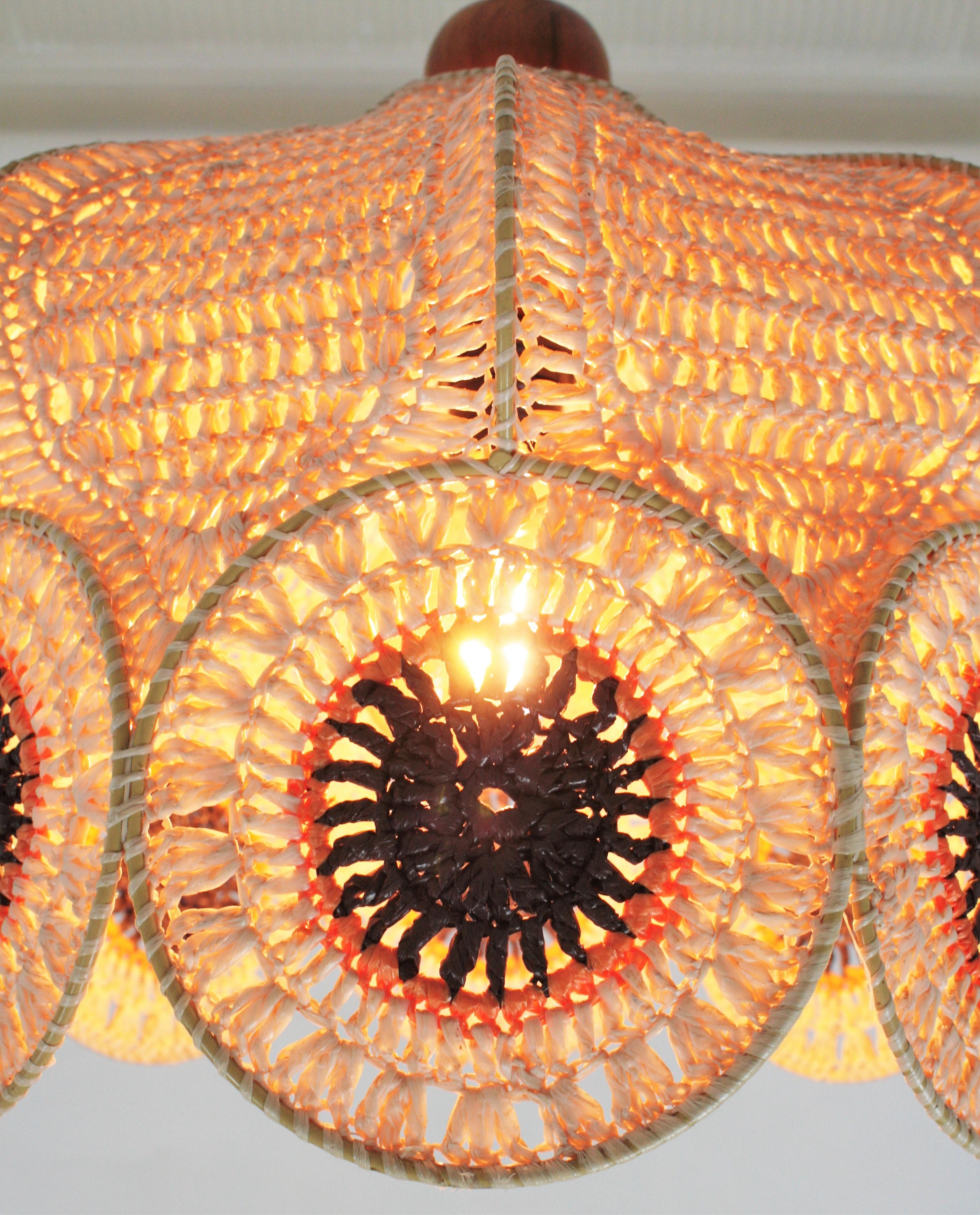 Spanish Modernist Large Pendant Lamp in Beige, Orange and Brown Macramé 7