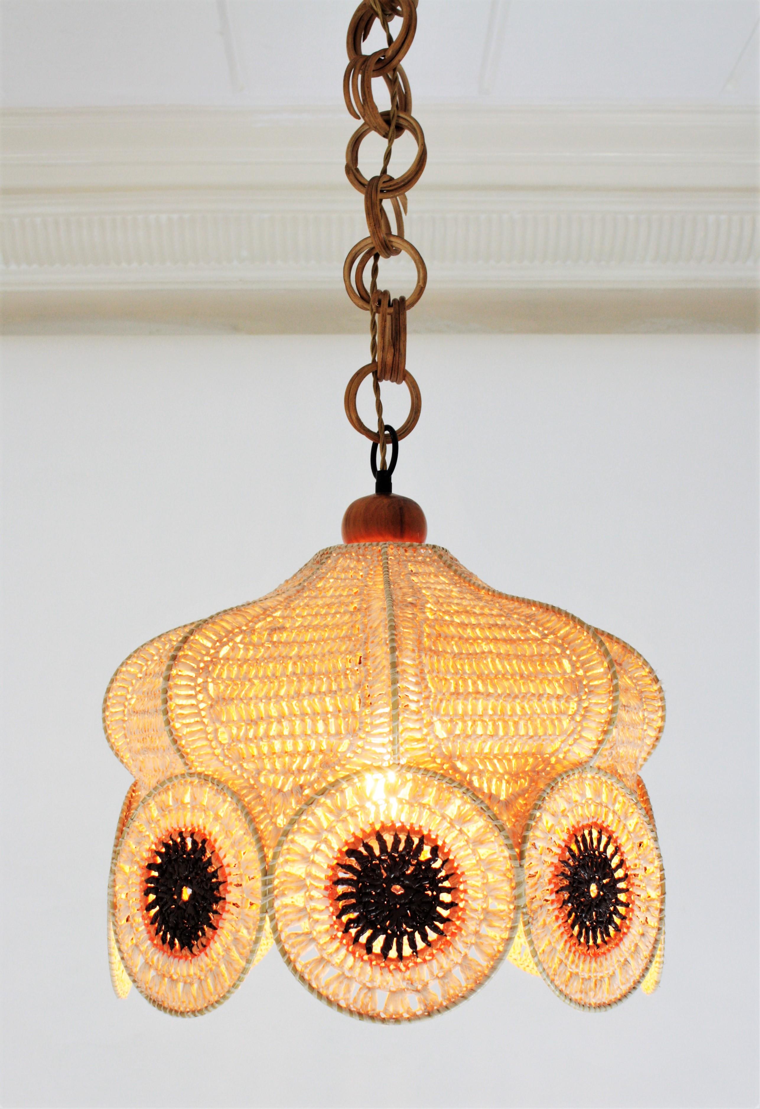 Spanish Modernist Large Pendant Lamp in Beige, Orange and Brown Macramé 11
