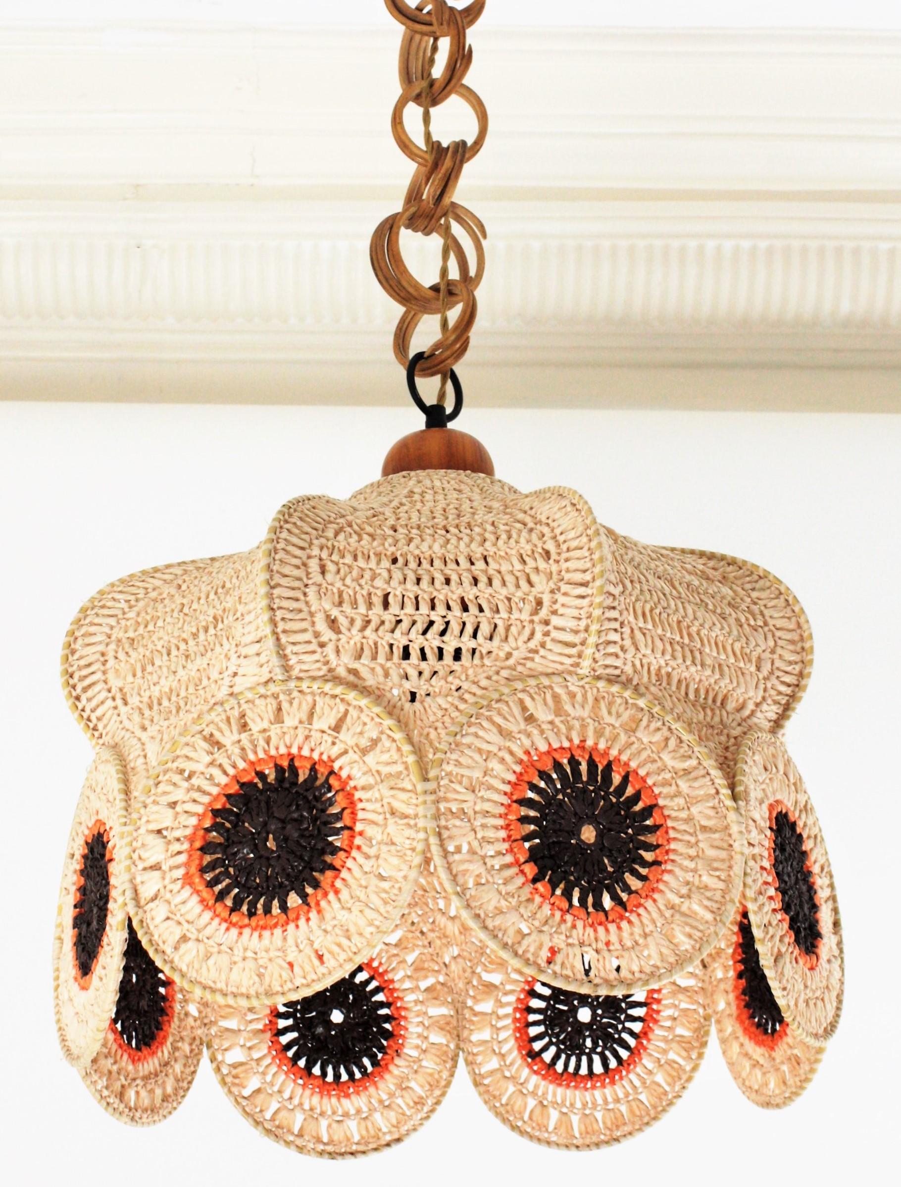 Bohemian Spanish Modernist Large Pendant Lamp in Beige, Orange and Brown Macramé