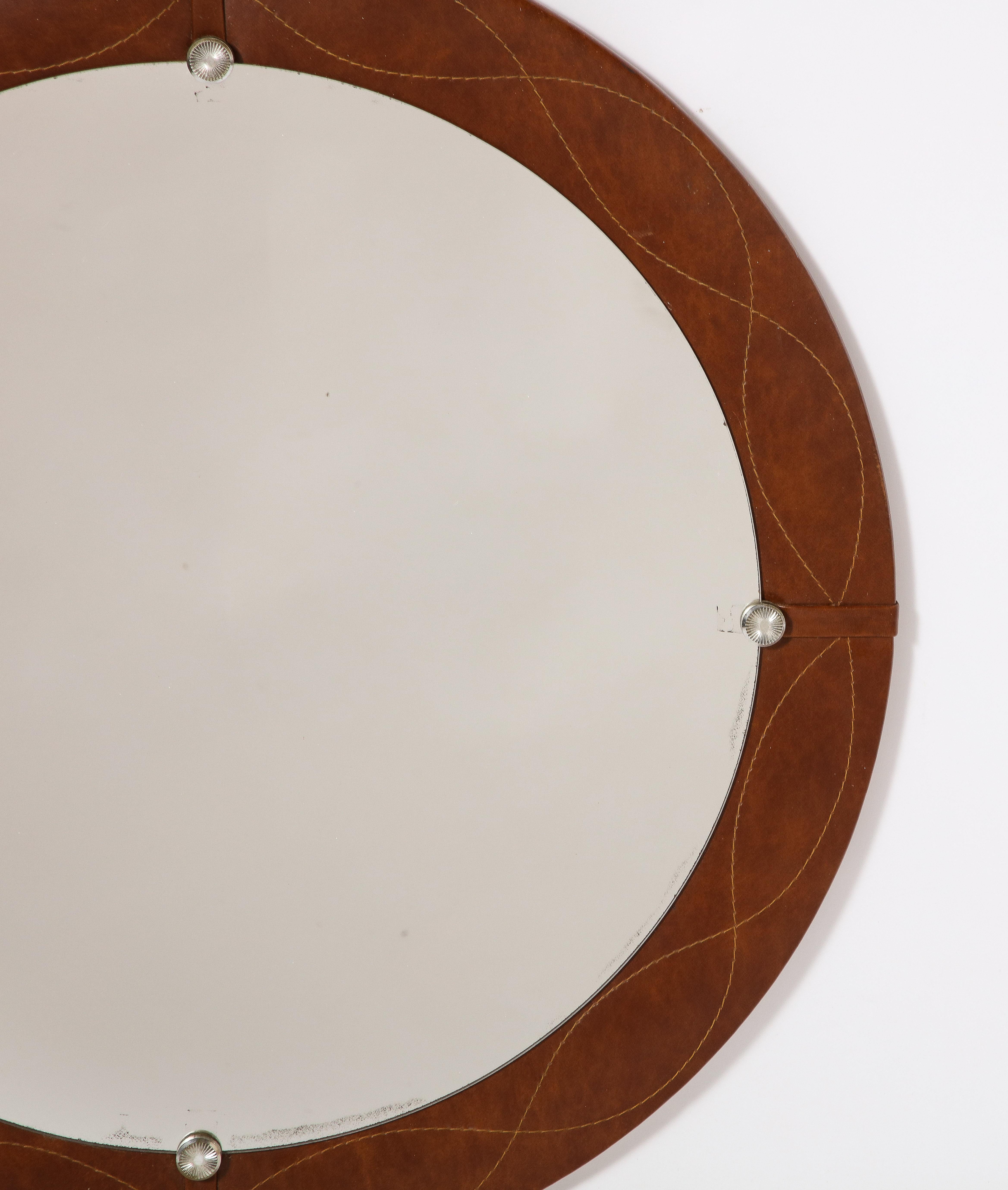 Spanish Modernist Circular Leather Mirror, Spain, circa 1960  For Sale 9