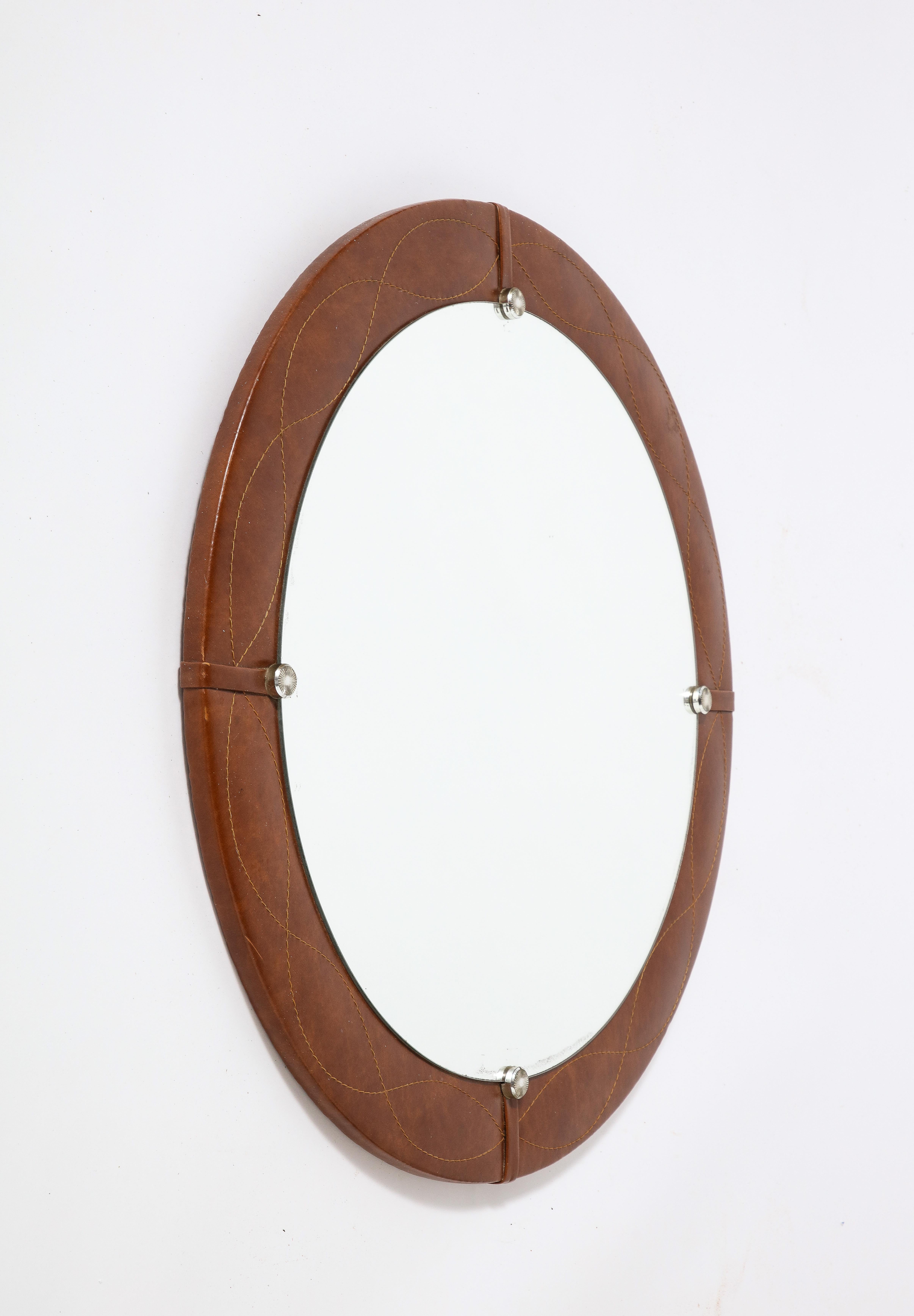 Mid-Century Modern Spanish Modernist Circular Leather Mirror, Spain, circa 1960  For Sale