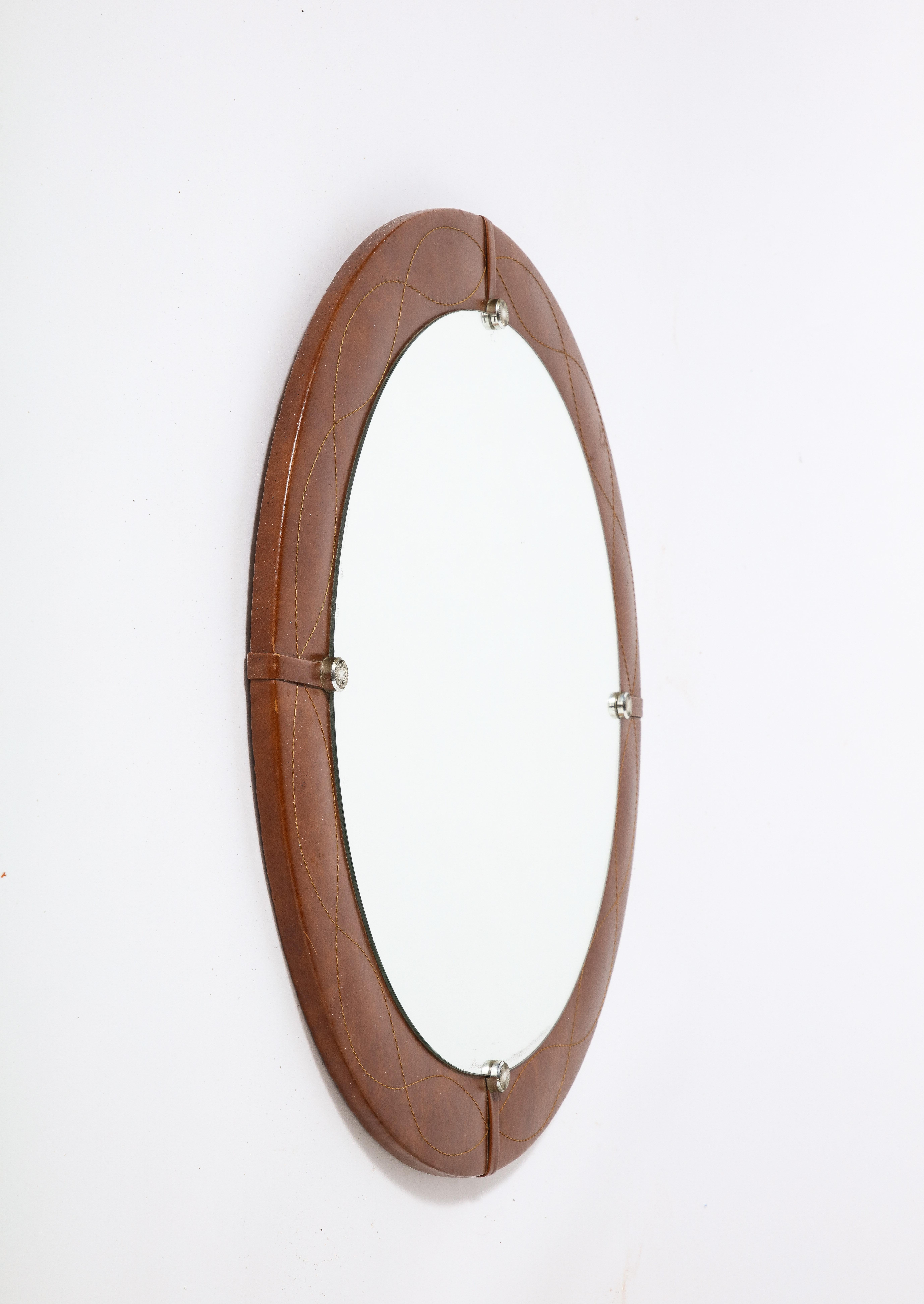Spanish Modernist Circular Leather Mirror, Spain, circa 1960  In Good Condition For Sale In New York, NY