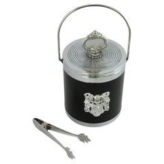 Spanish Modernist Faux Leather and Metal Ice Bucket with Tongs